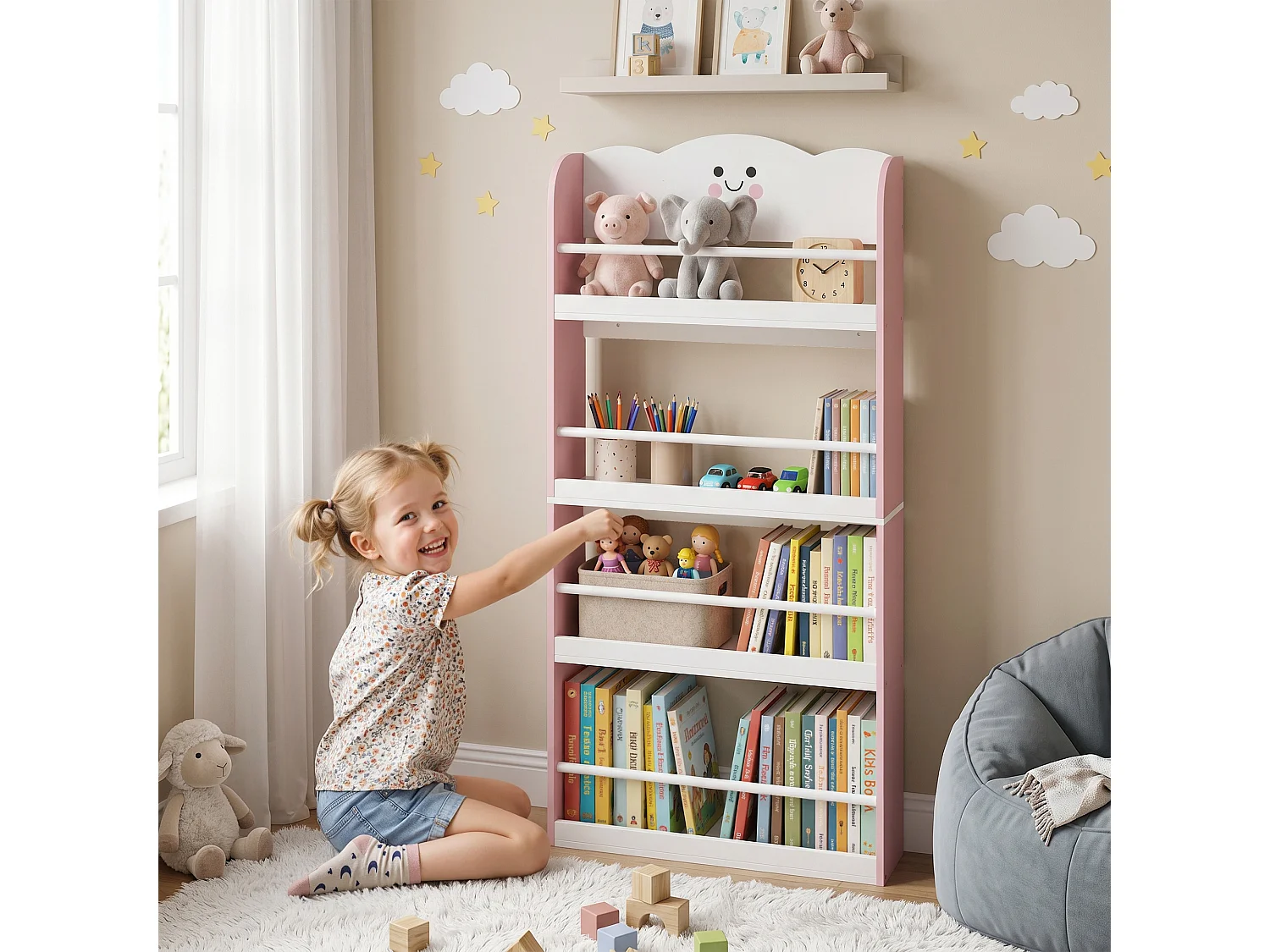 Libreria per bambini con tema zucchero filato 4 ripiani in legno rosa