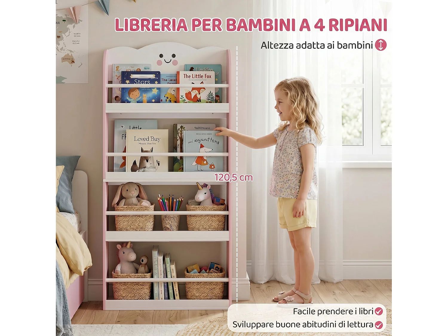Libreria per bambini con tema zucchero filato 4 ripiani in legno rosa