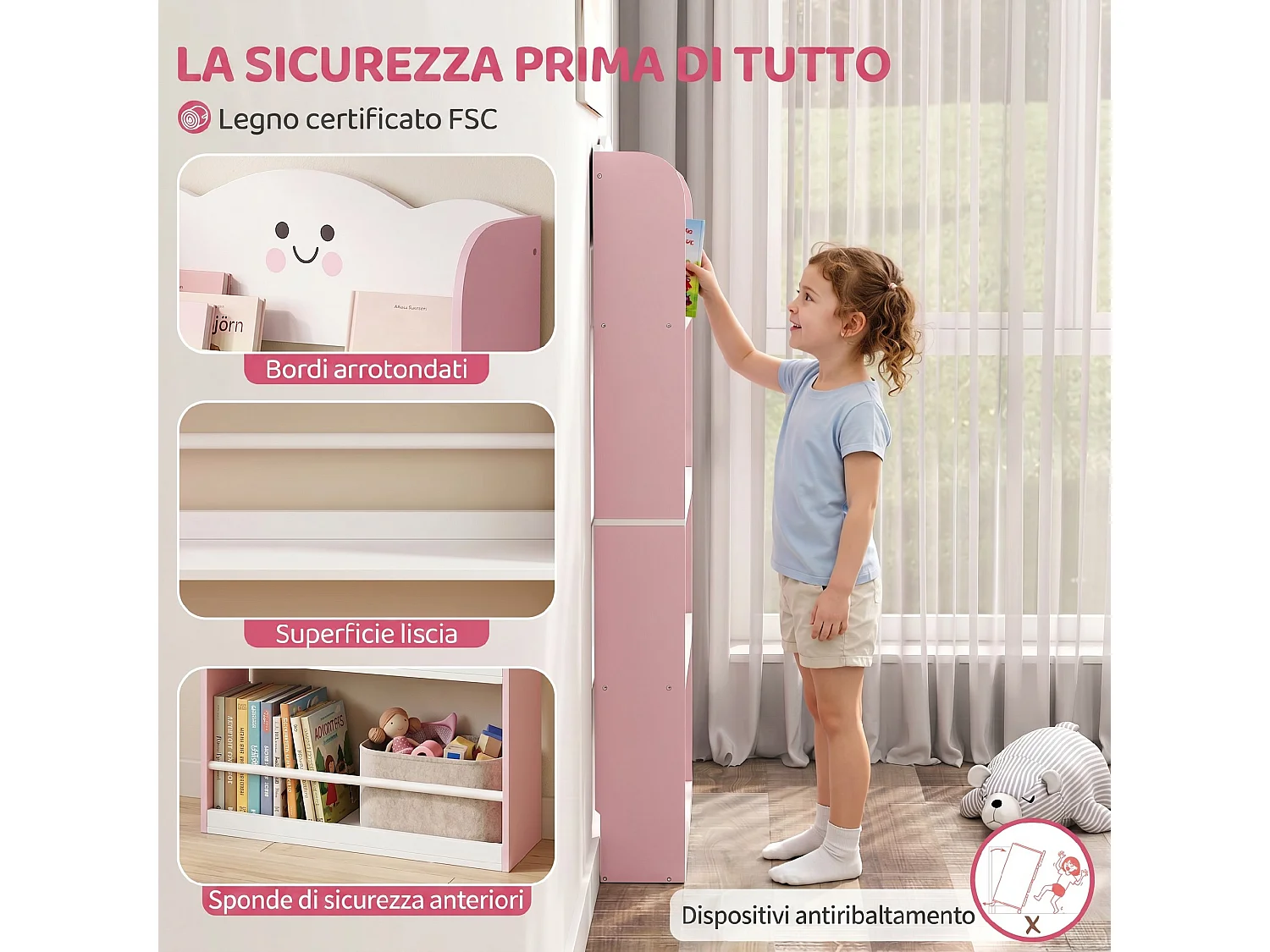 Libreria per bambini con tema zucchero filato 4 ripiani in legno rosa