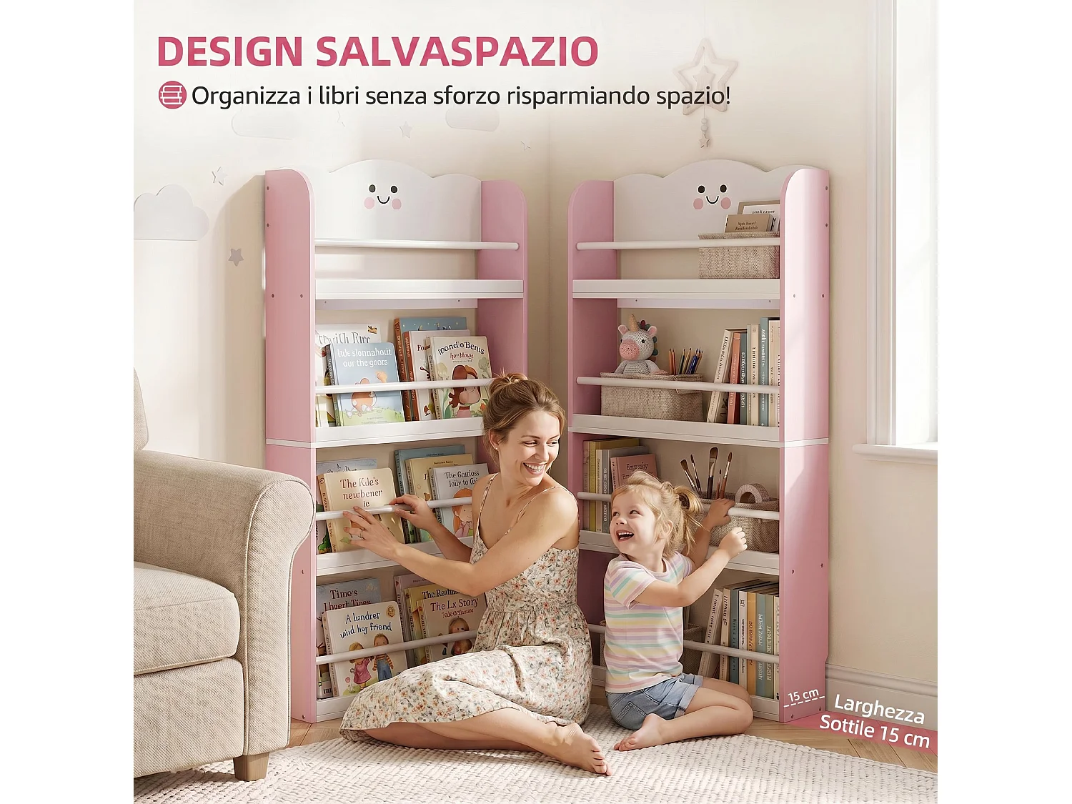 Libreria per bambini con tema zucchero filato 4 ripiani in legno rosa