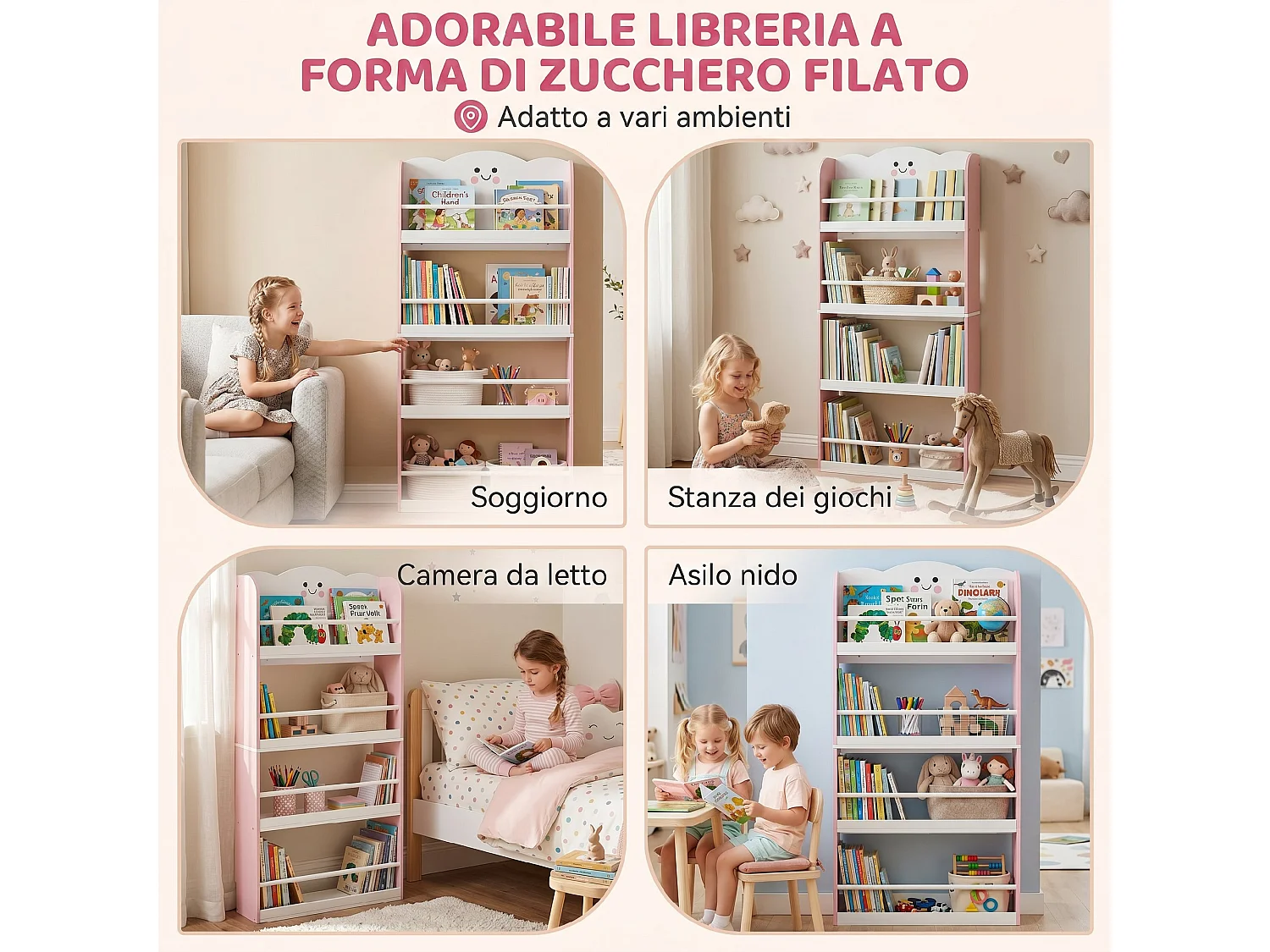 Libreria per bambini con tema zucchero filato 4 ripiani in legno rosa