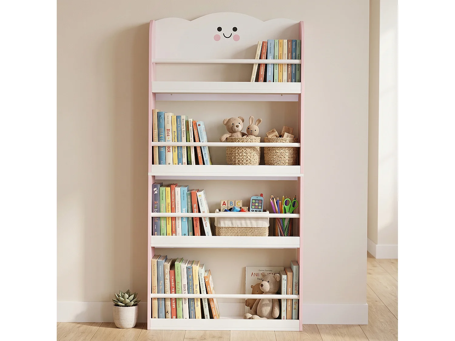 Libreria per bambini con tema zucchero filato 4 ripiani in legno rosa