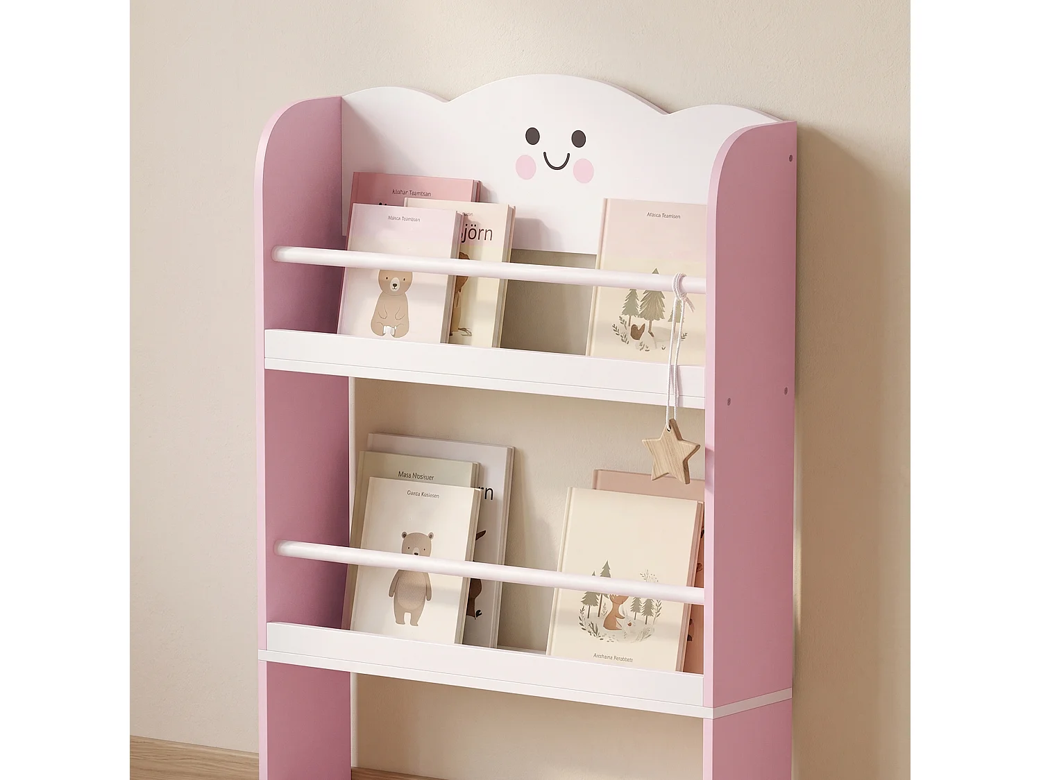 Libreria per bambini con tema zucchero filato 4 ripiani in legno rosa