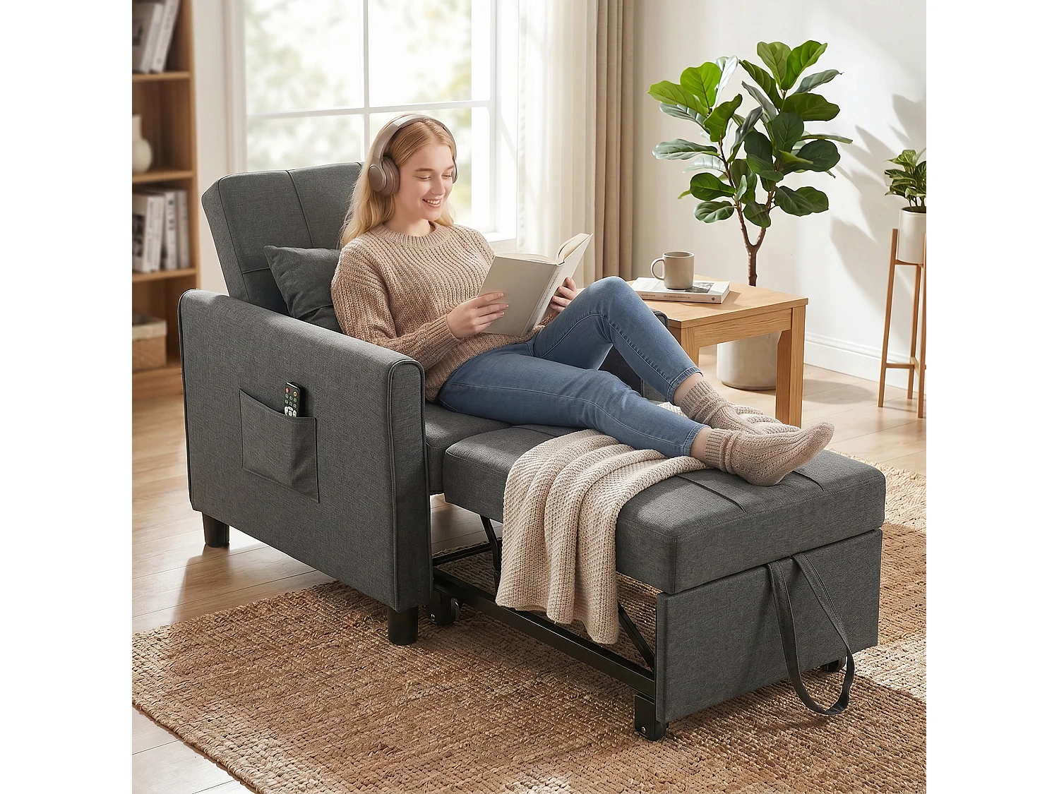 Poltrona letto singolo con cuscino in tessuto effetto lino grigio