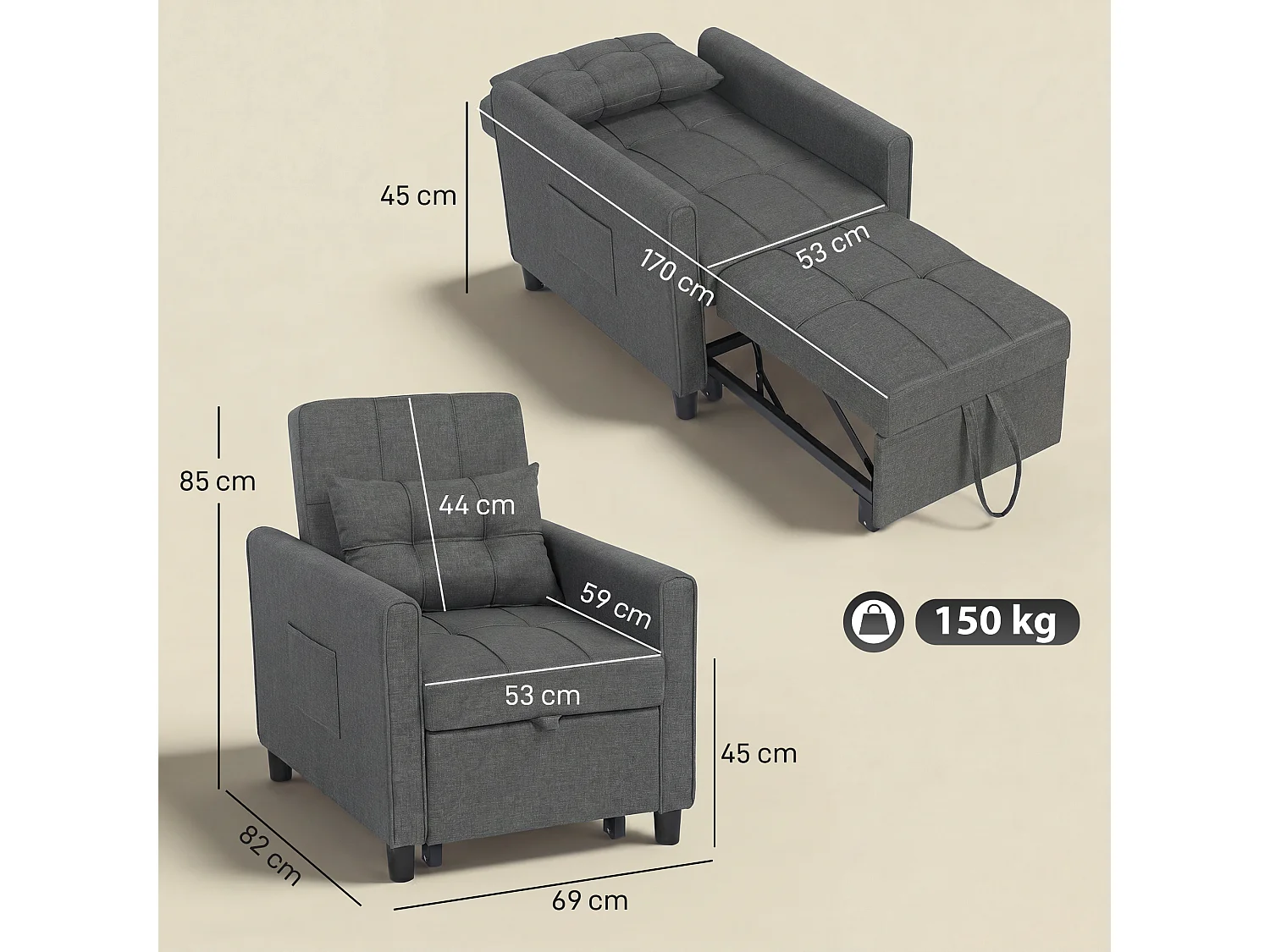 Poltrona letto singolo con cuscino in tessuto effetto lino grigio