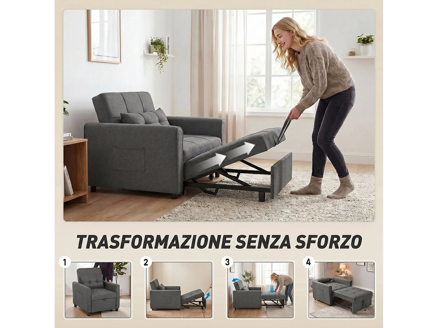 Poltrona letto singolo con cuscino in tessuto effetto lino grigio
