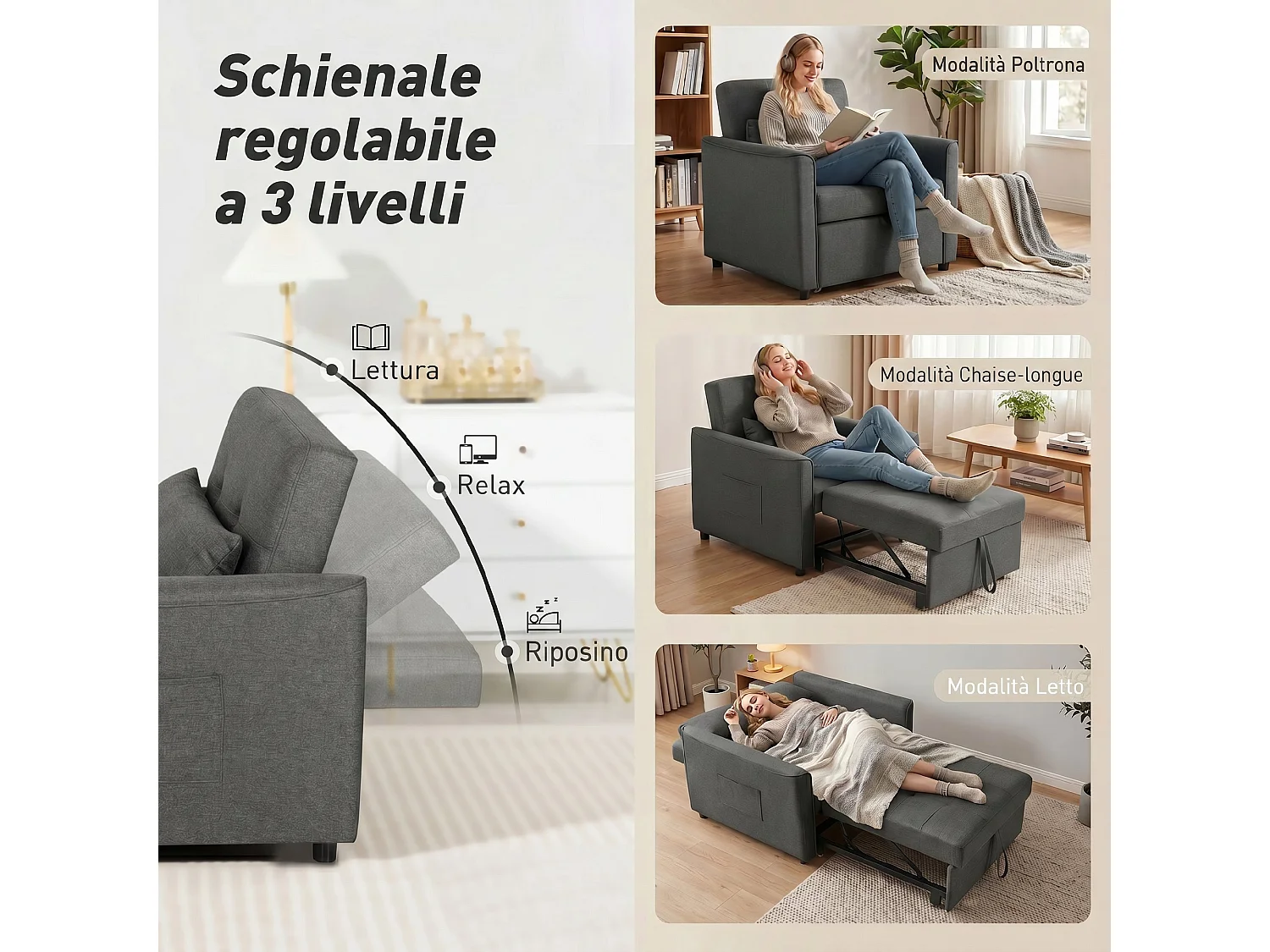 Poltrona letto singolo con cuscino in tessuto effetto lino grigio