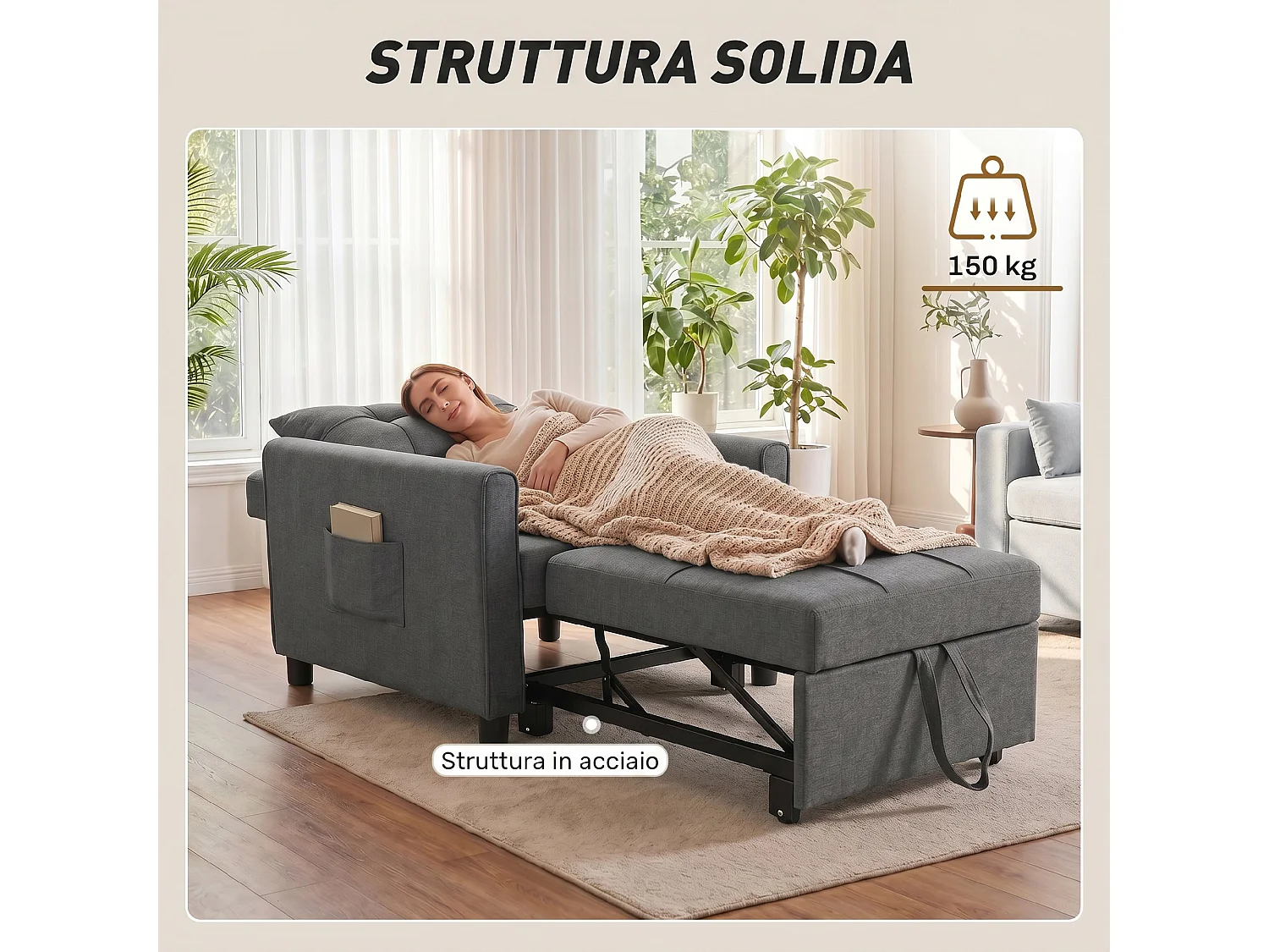 Poltrona letto singolo con cuscino in tessuto effetto lino grigio