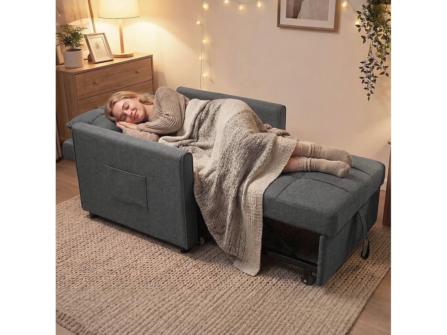 Poltrona letto singolo con cuscino in tessuto effetto lino grigio