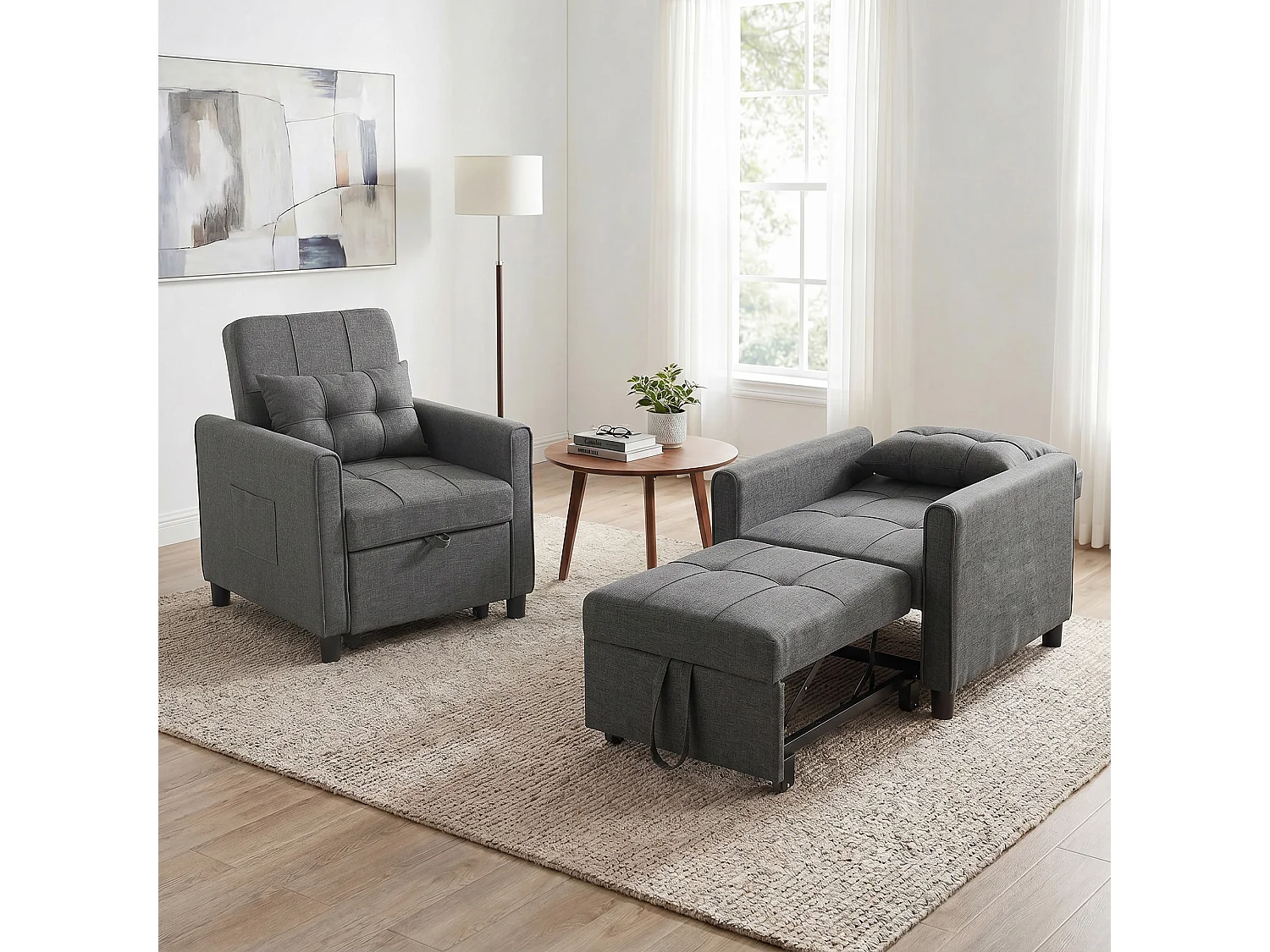 Poltrona letto singolo con cuscino in tessuto effetto lino grigio
