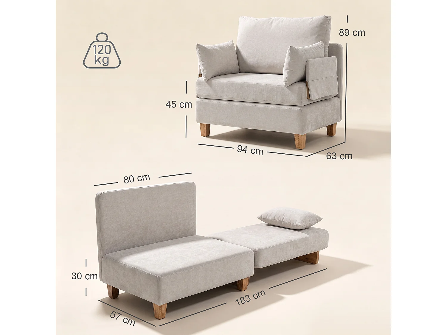 Poltrona letto convertibile con tasche in tessuto bianco crema