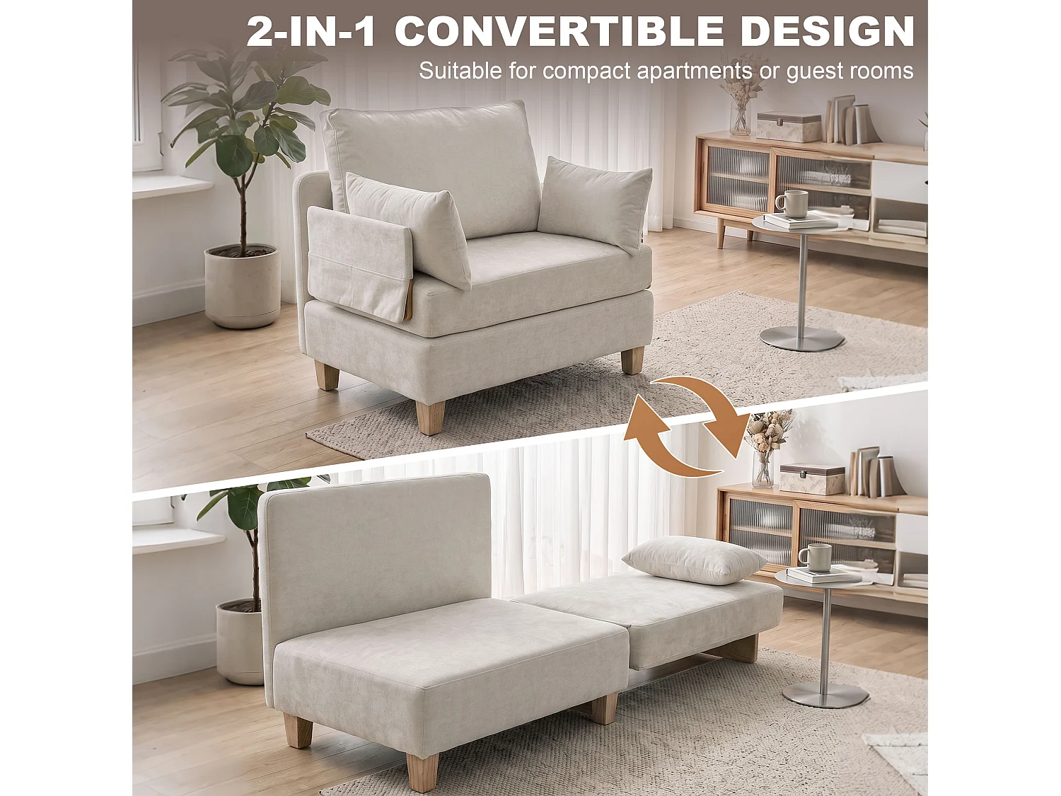 Poltrona letto convertibile con tasche in tessuto bianco crema