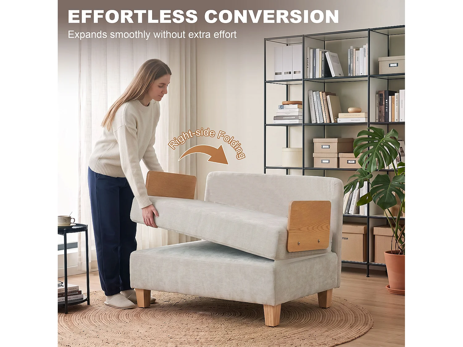 Poltrona letto convertibile con tasche in tessuto bianco crema