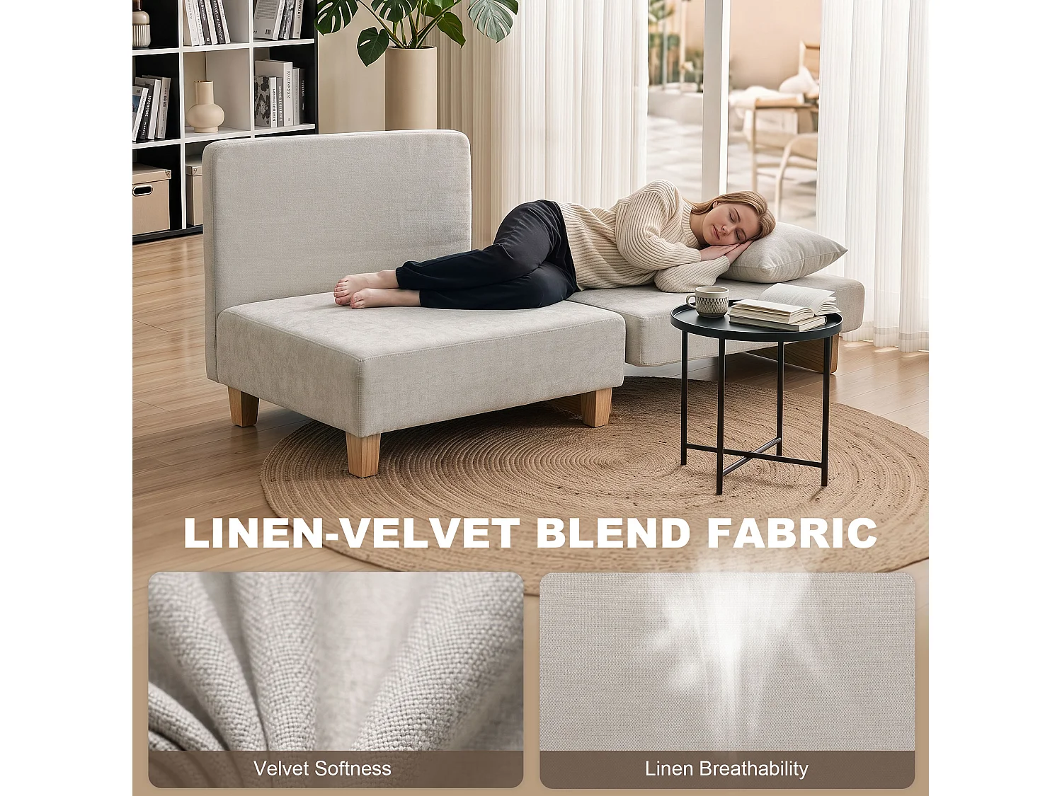 Poltrona letto convertibile con tasche in tessuto bianco crema