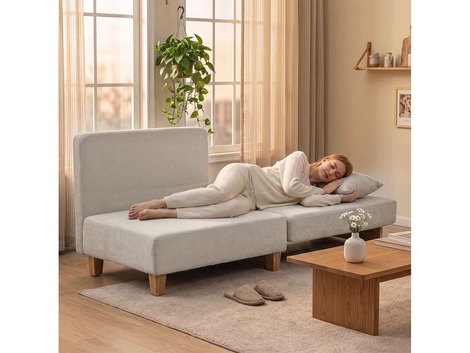 Poltrona letto convertibile con tasche in tessuto bianco crema