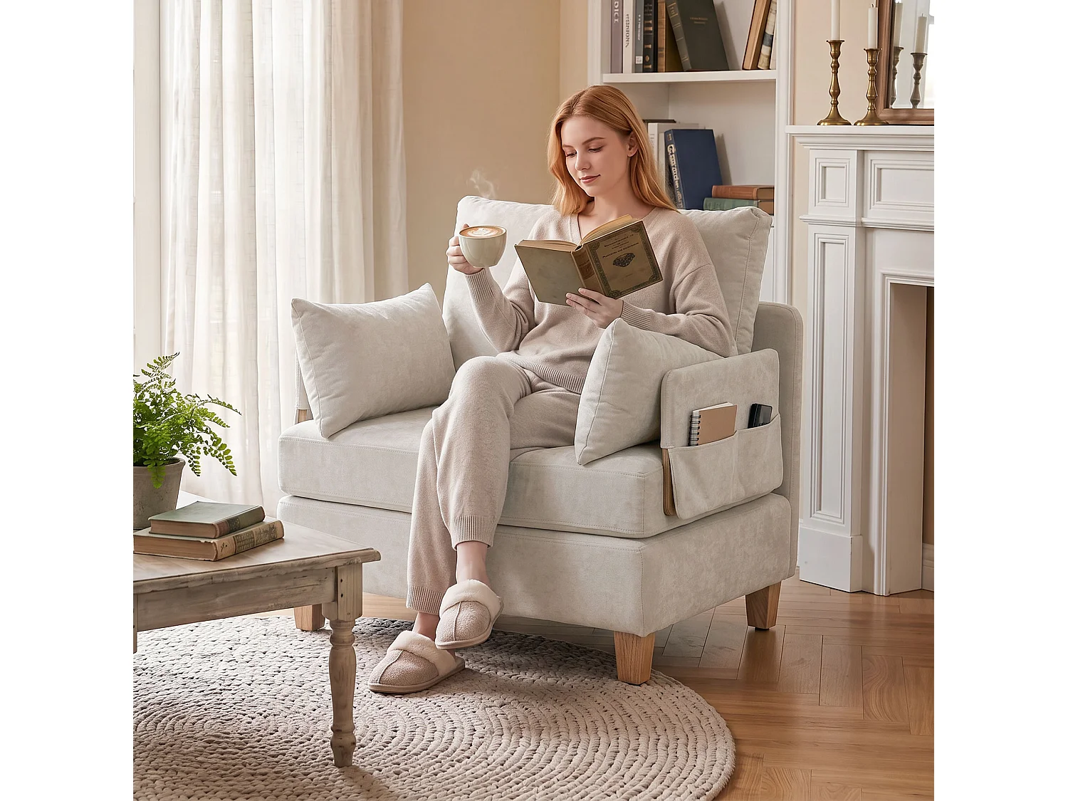 Poltrona letto convertibile con tasche in tessuto bianco crema