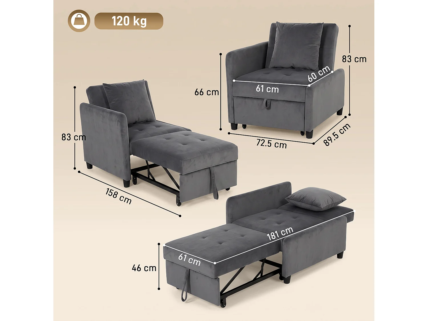 Poltrona letto estraibile in tessuto effetto velluto grigio scuro