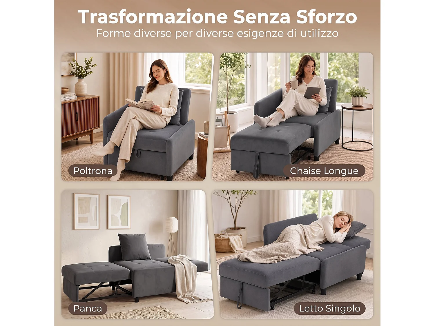 Poltrona letto estraibile in tessuto effetto velluto grigio scuro