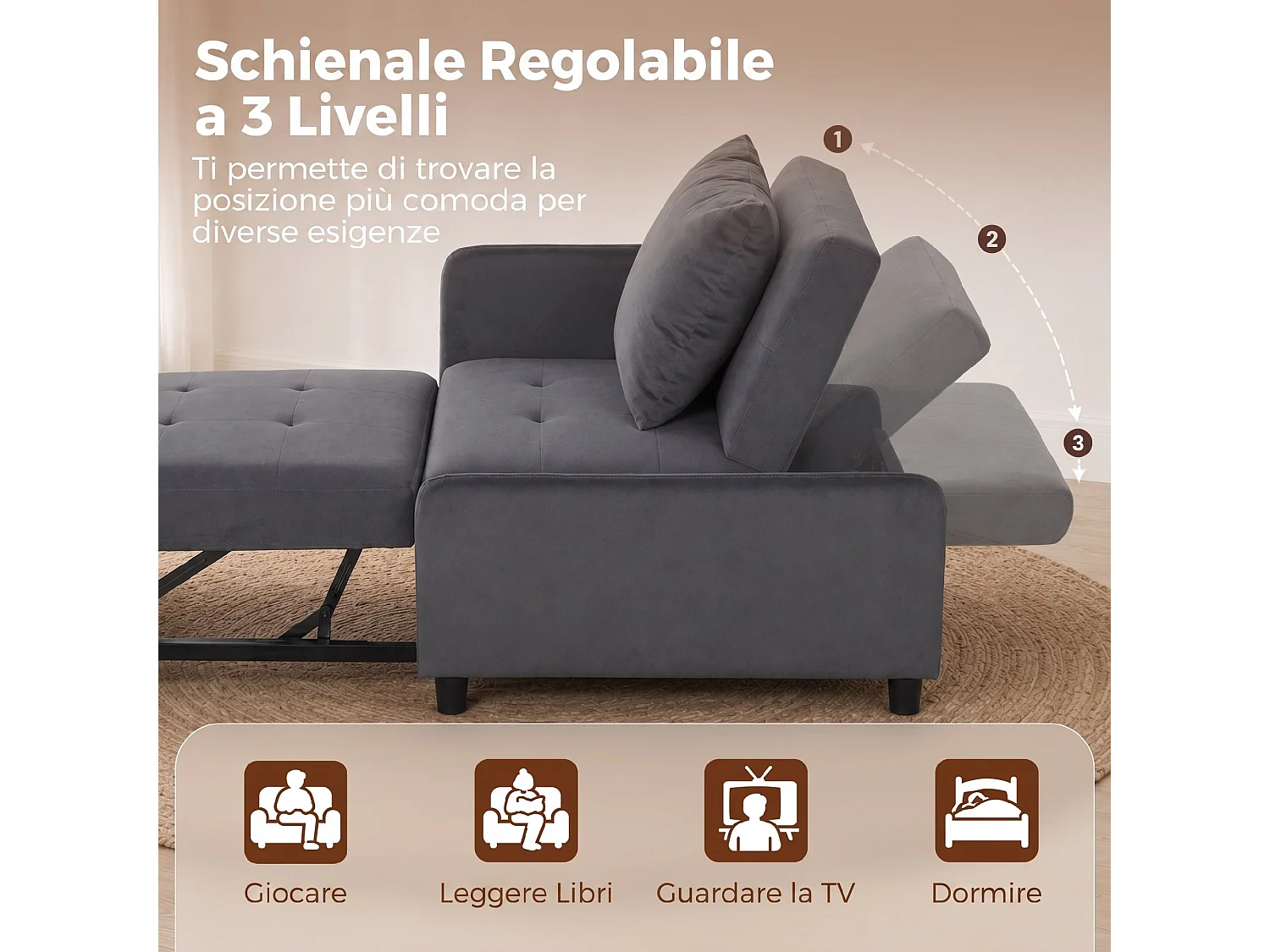 Poltrona letto estraibile in tessuto effetto velluto grigio scuro
