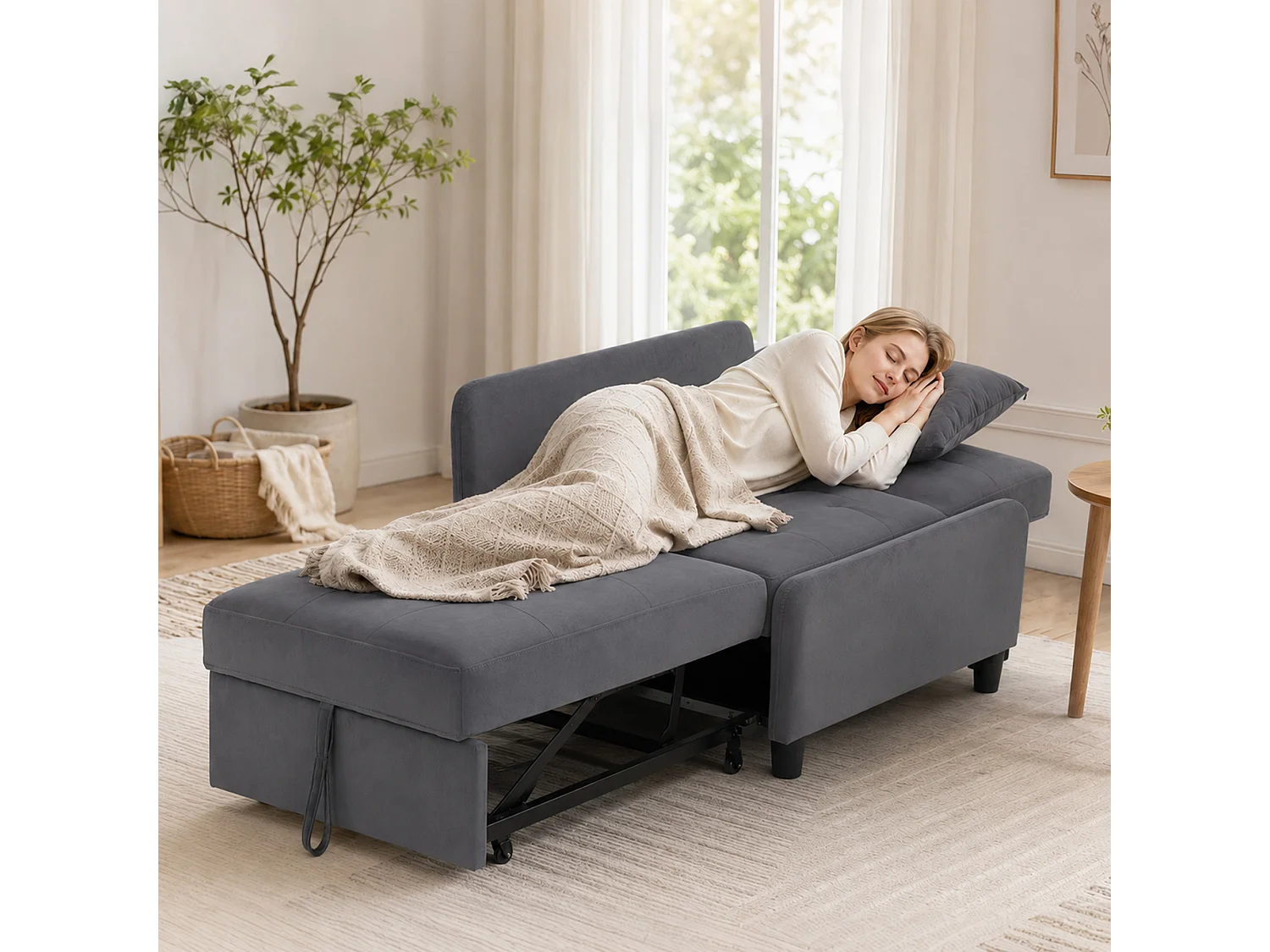 Poltrona letto estraibile in tessuto effetto velluto grigio scuro