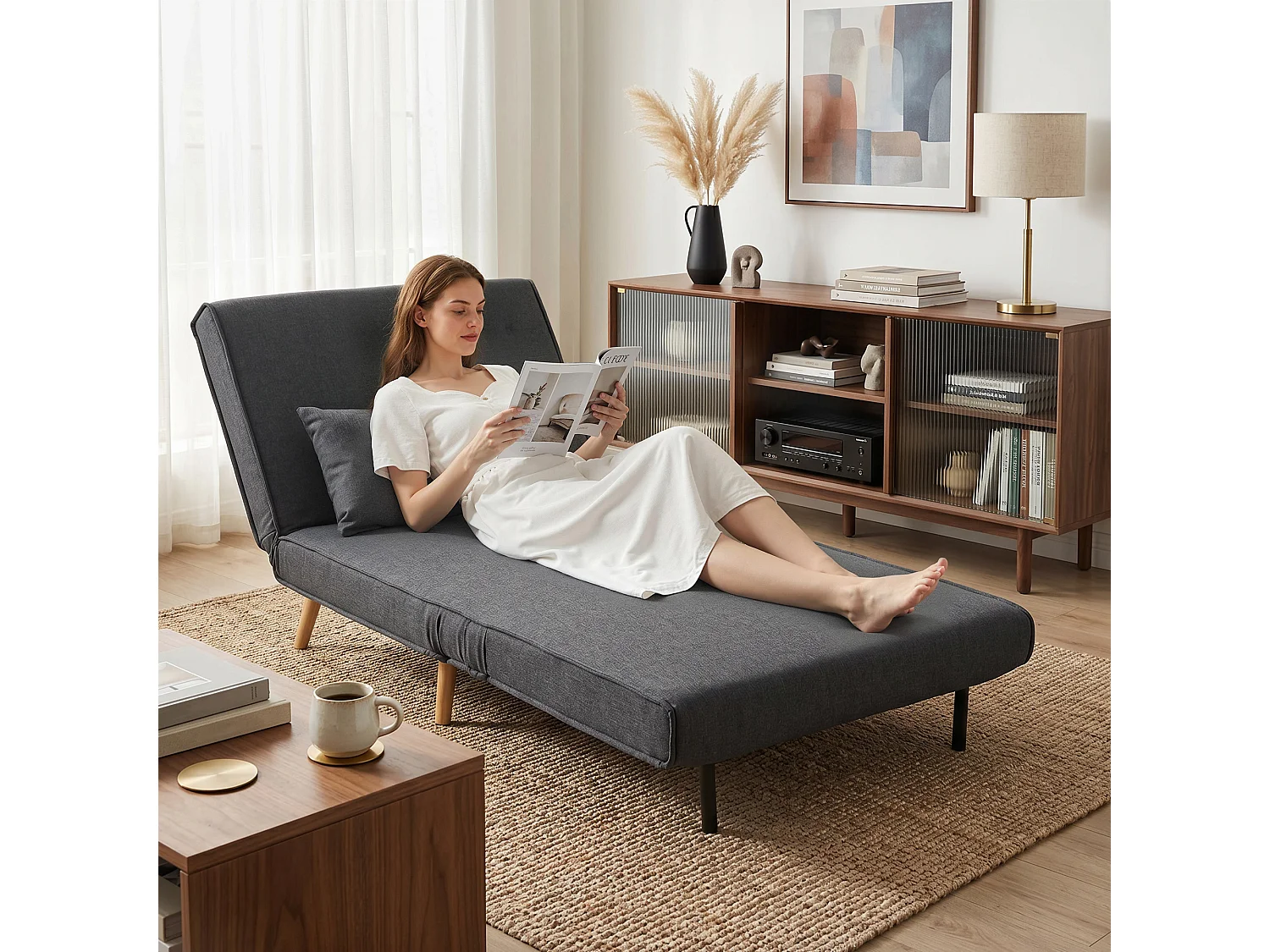 Poltrona letto singola con cuscino in tessuto effetto lino grigio