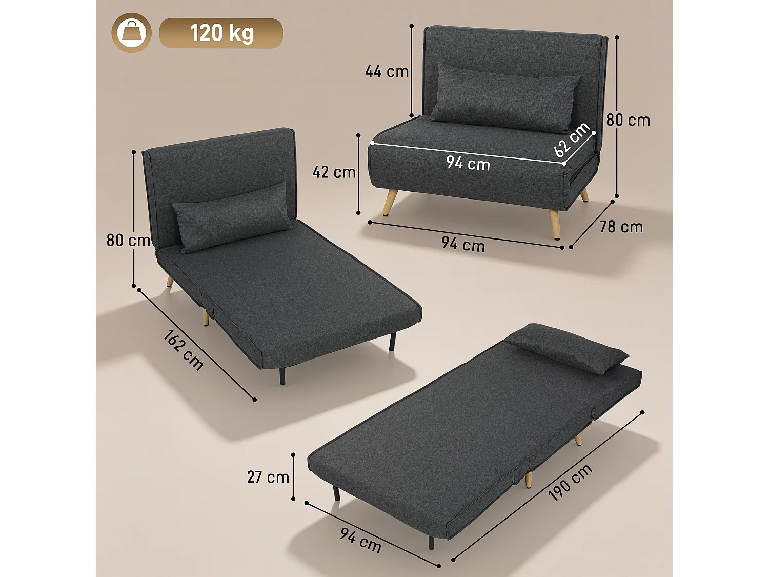 Poltrona letto singola con cuscino in tessuto effetto lino grigio
