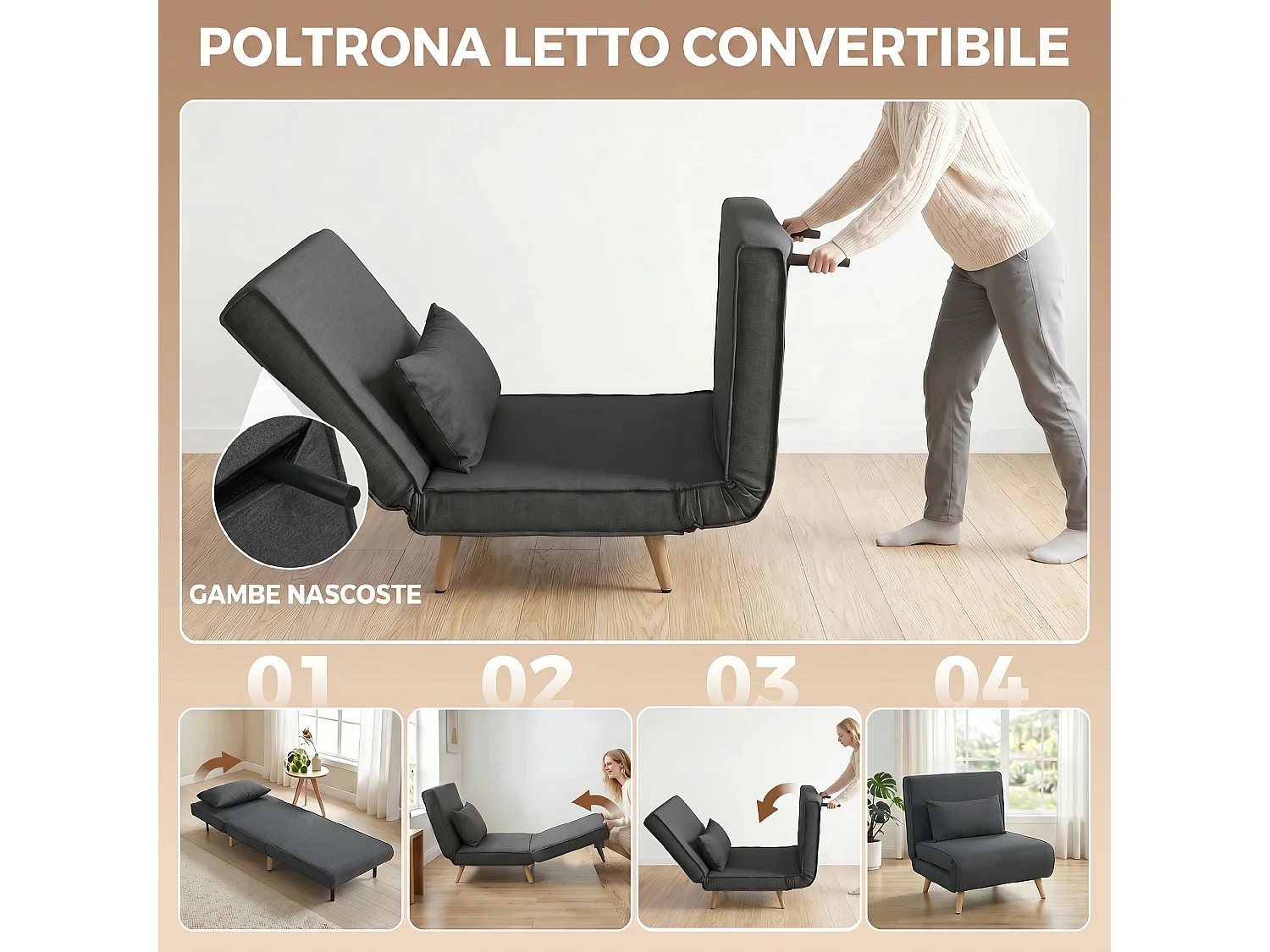Poltrona letto singola con cuscino in tessuto effetto lino grigio
