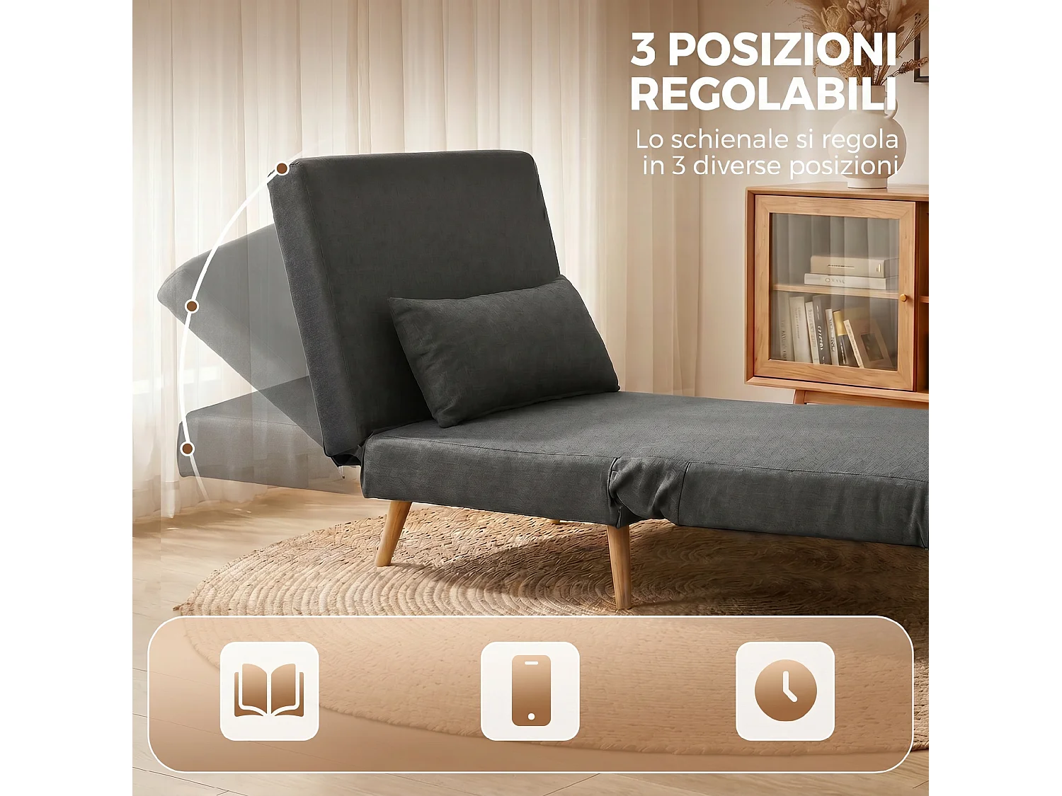 Poltrona letto singola con cuscino in tessuto effetto lino grigio
