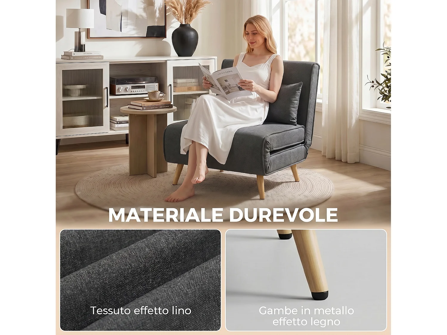 Poltrona letto singola con cuscino in tessuto effetto lino grigio