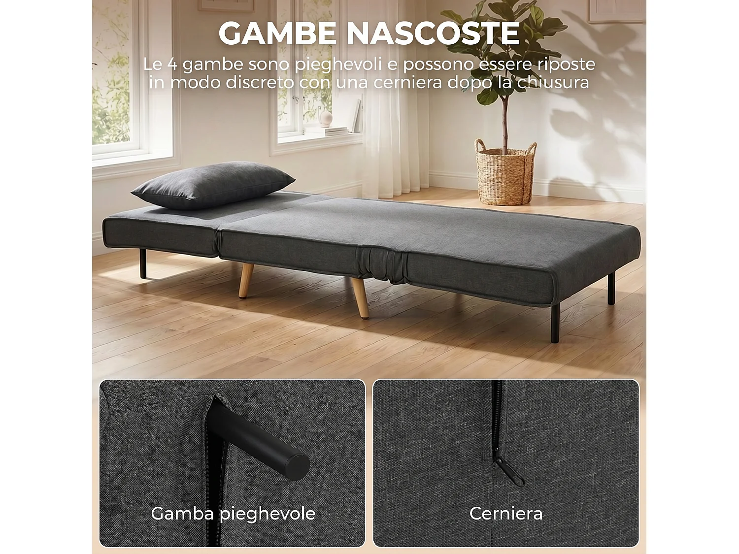 Poltrona letto singola con cuscino in tessuto effetto lino grigio