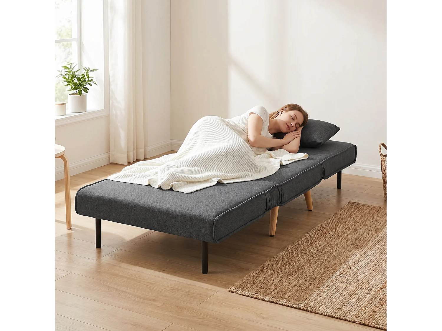 Poltrona letto singola con cuscino in tessuto effetto lino grigio