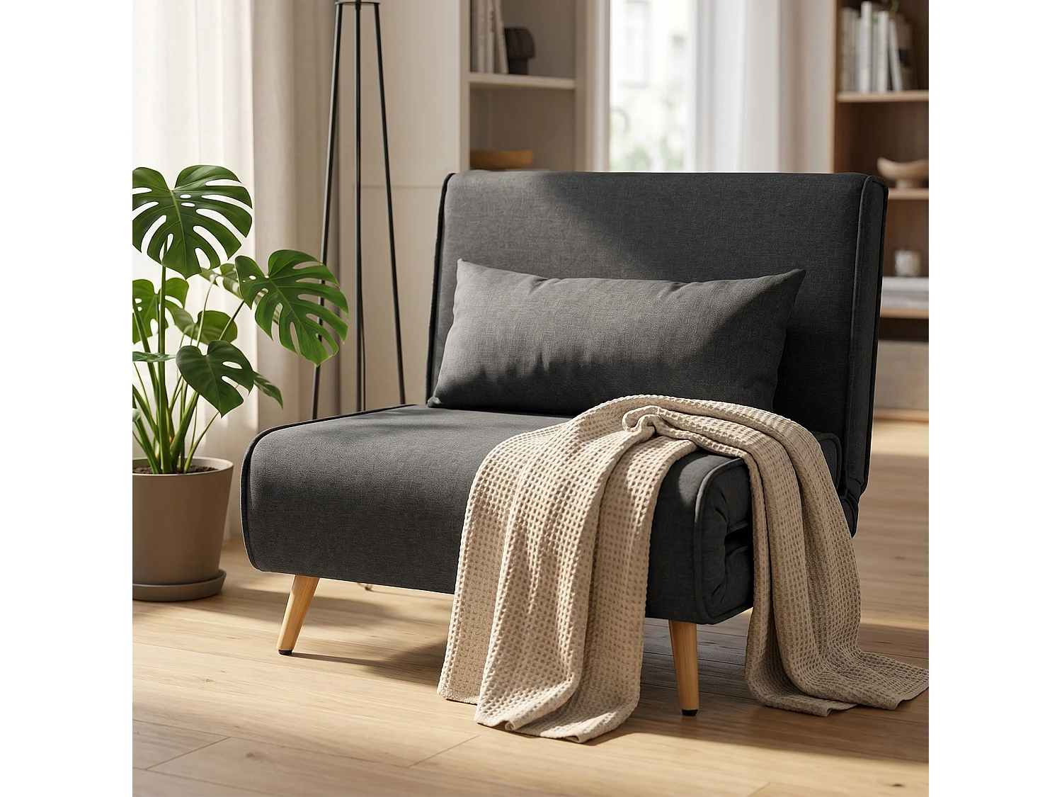 Poltrona letto singola con cuscino in tessuto effetto lino grigio