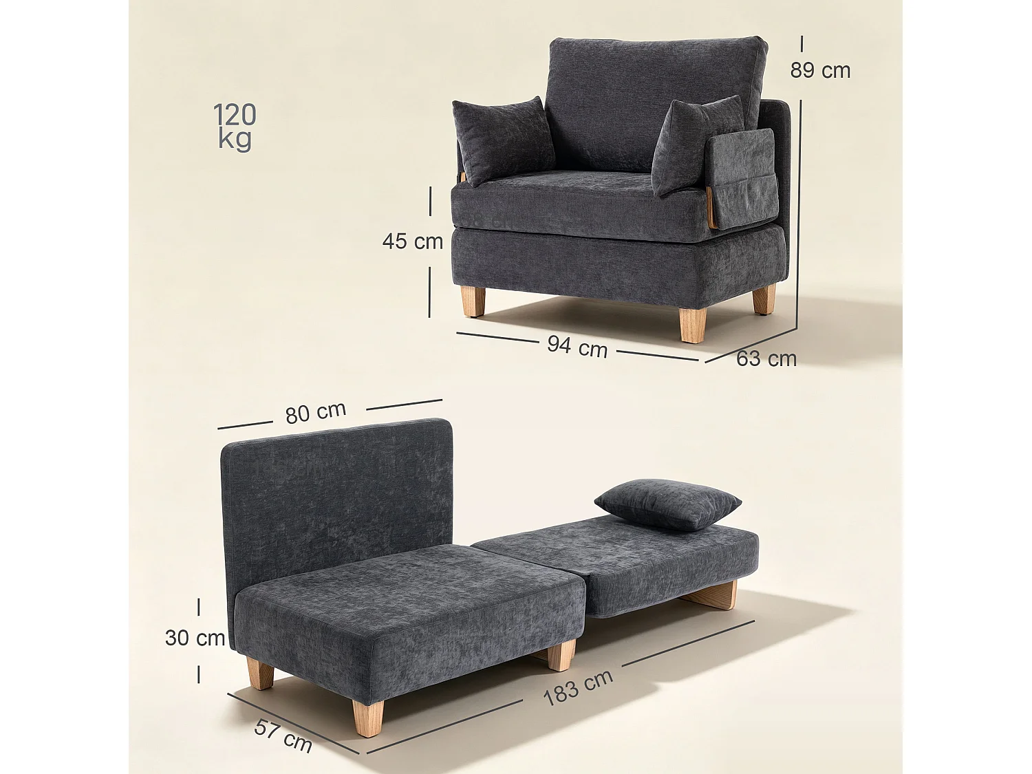 Poltrona letto convertibile con tasche in tessuto grigio scuro