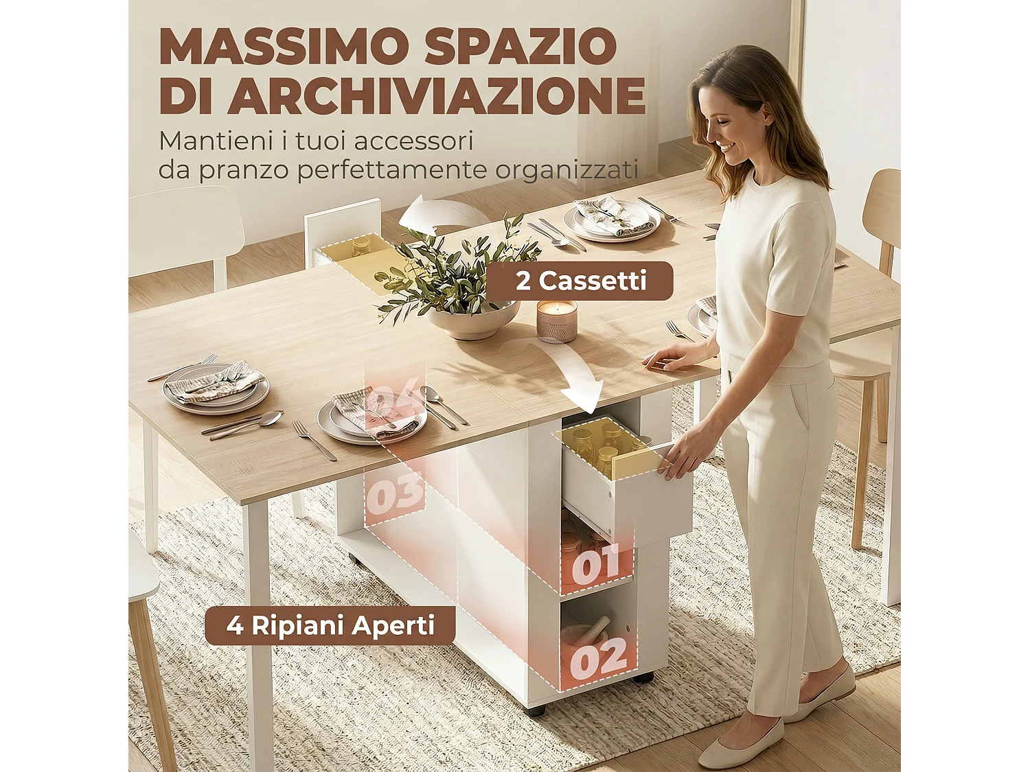 Tavolo da pranzo pieghevole in legno di pino naturale