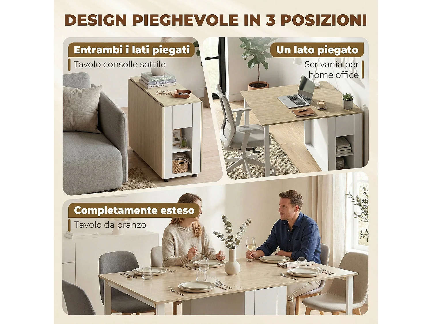 Tavolo da pranzo pieghevole in legno di pino naturale