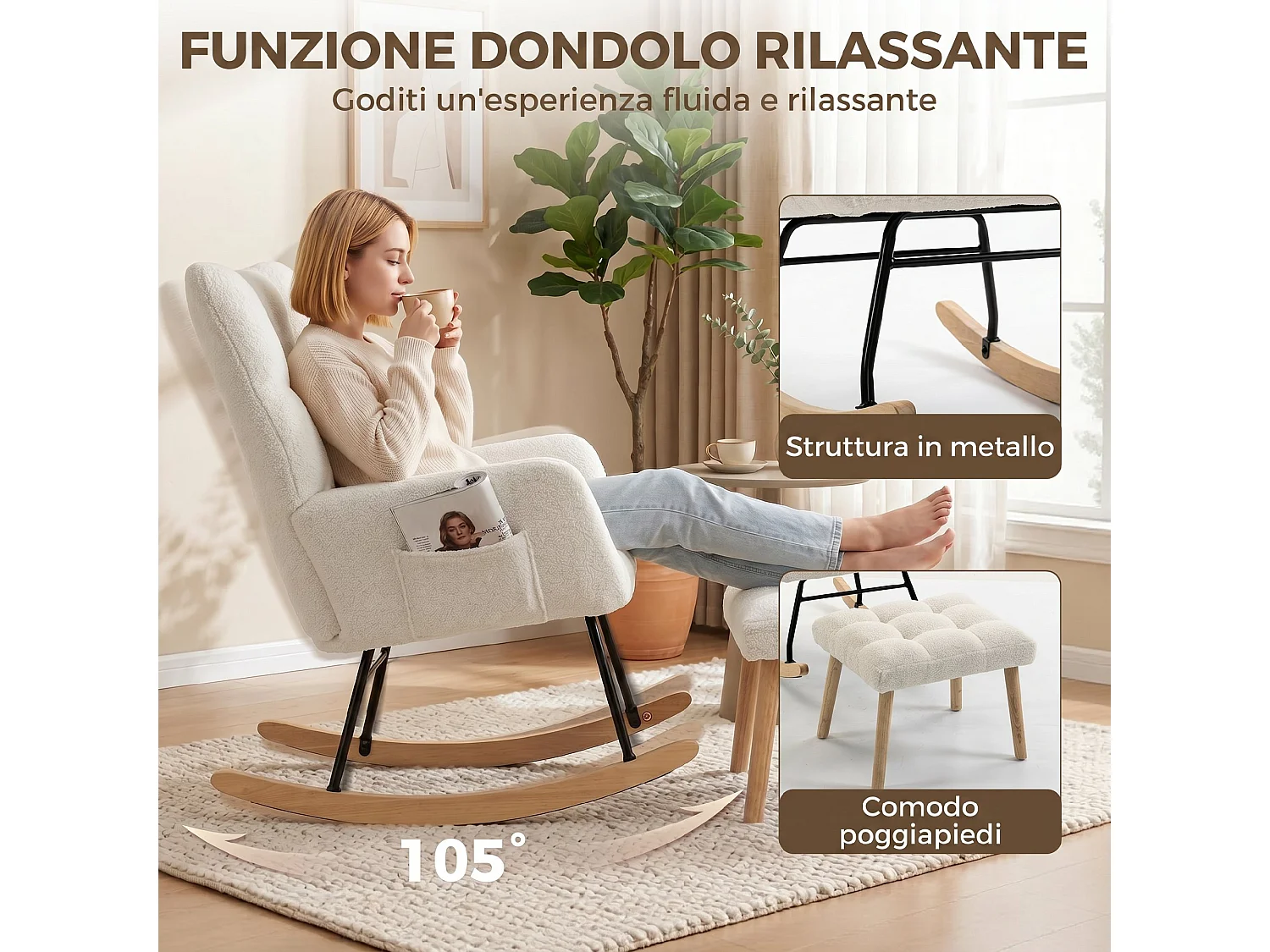 Sedia a dondolo in sherpa con poggiapiedi e tasche laterali crema