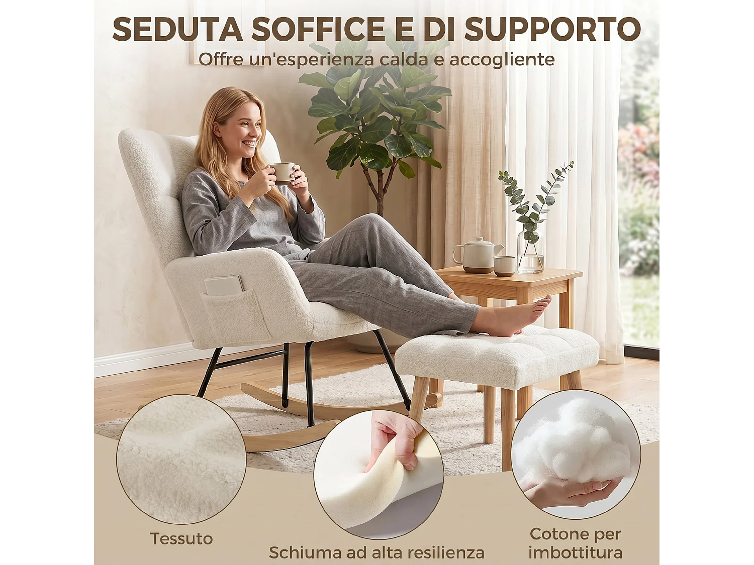 Sedia a dondolo in sherpa con poggiapiedi e tasche laterali crema