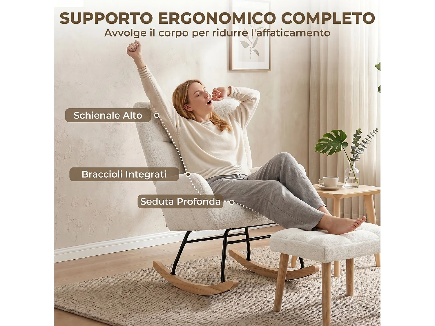 Sedia a dondolo in sherpa con poggiapiedi e tasche laterali crema
