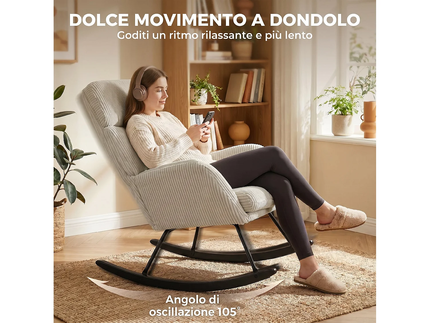 Sedia a dondolo con schienale alto in velluto a coste beige