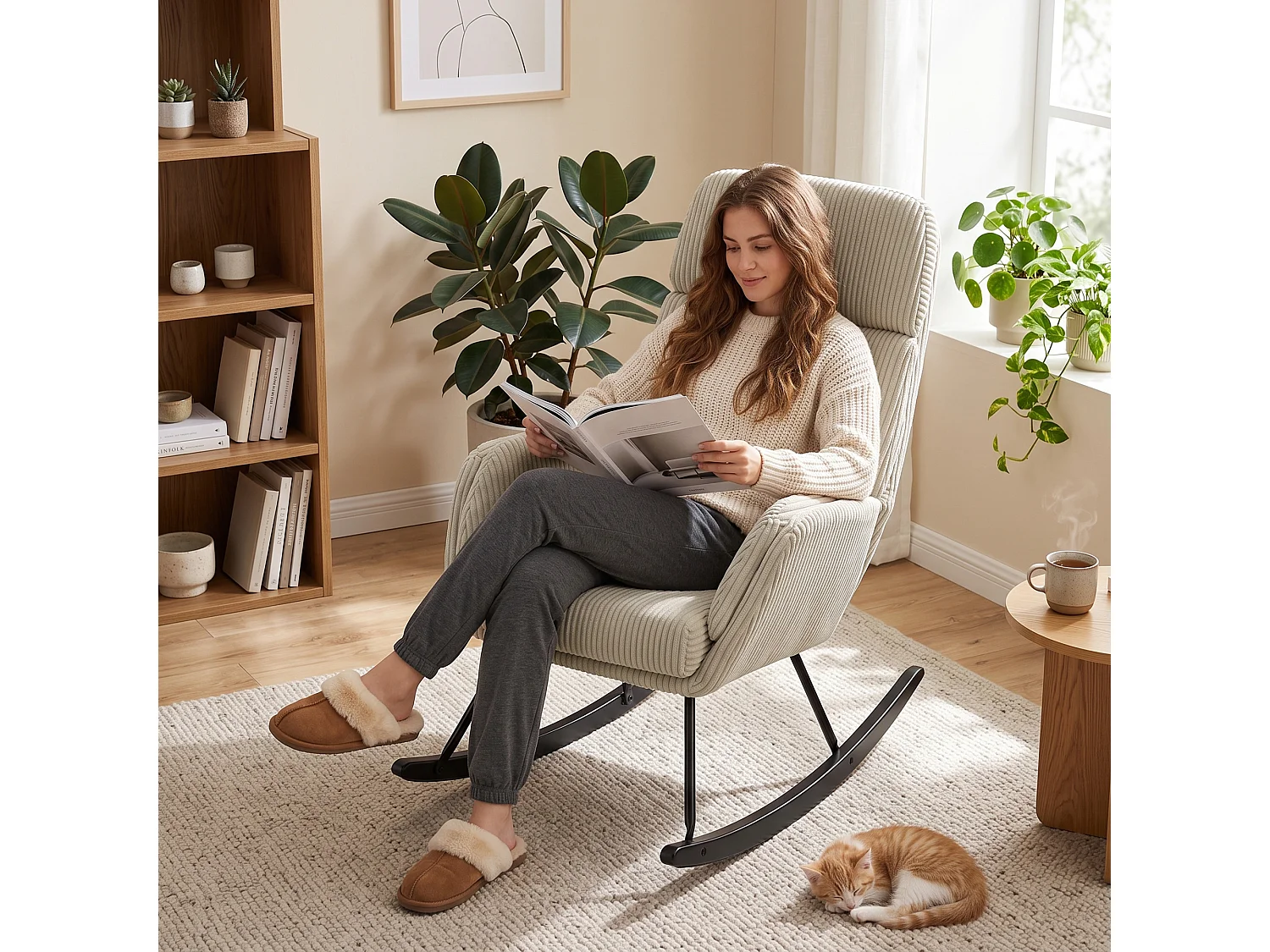 Sedia a dondolo con schienale alto in velluto a coste beige