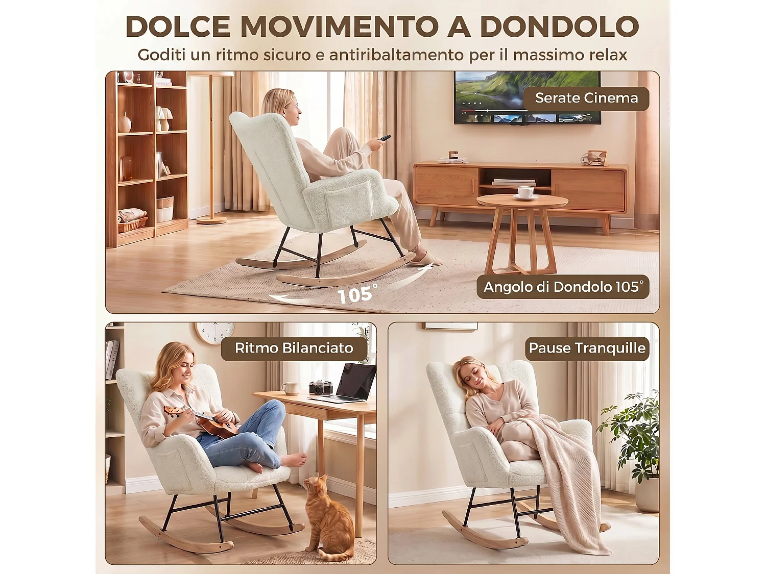 Sedia a dondolo con tasche laterali in velluto teddy bianco crema