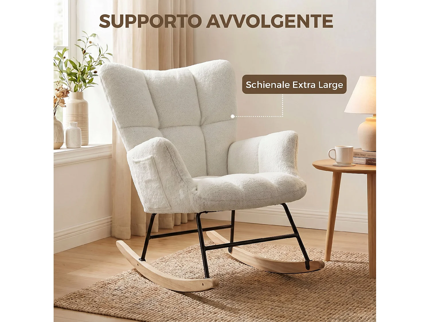Sedia a dondolo con tasche laterali in velluto teddy bianco crema