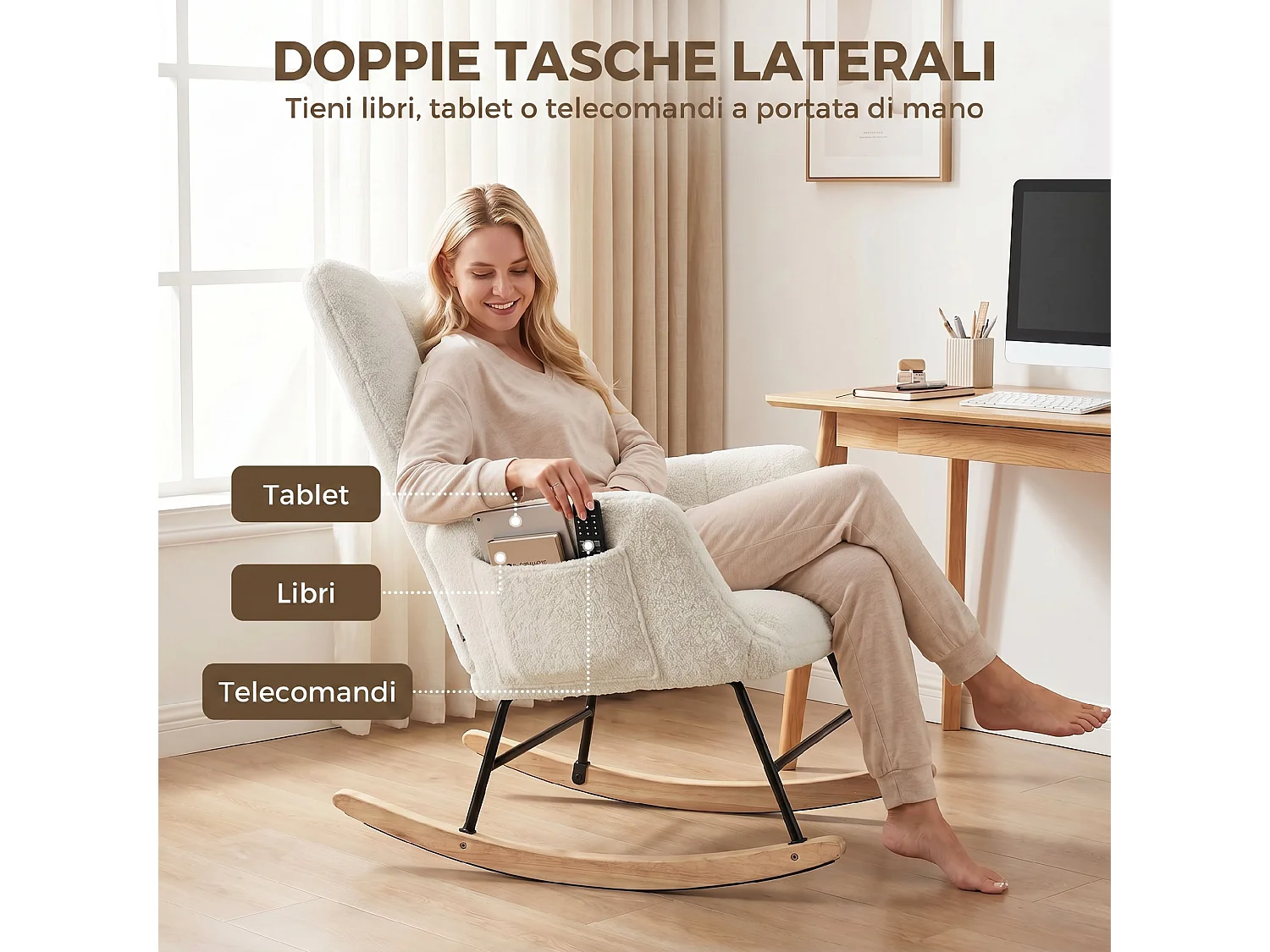 Sedia a dondolo con tasche laterali in velluto teddy bianco crema