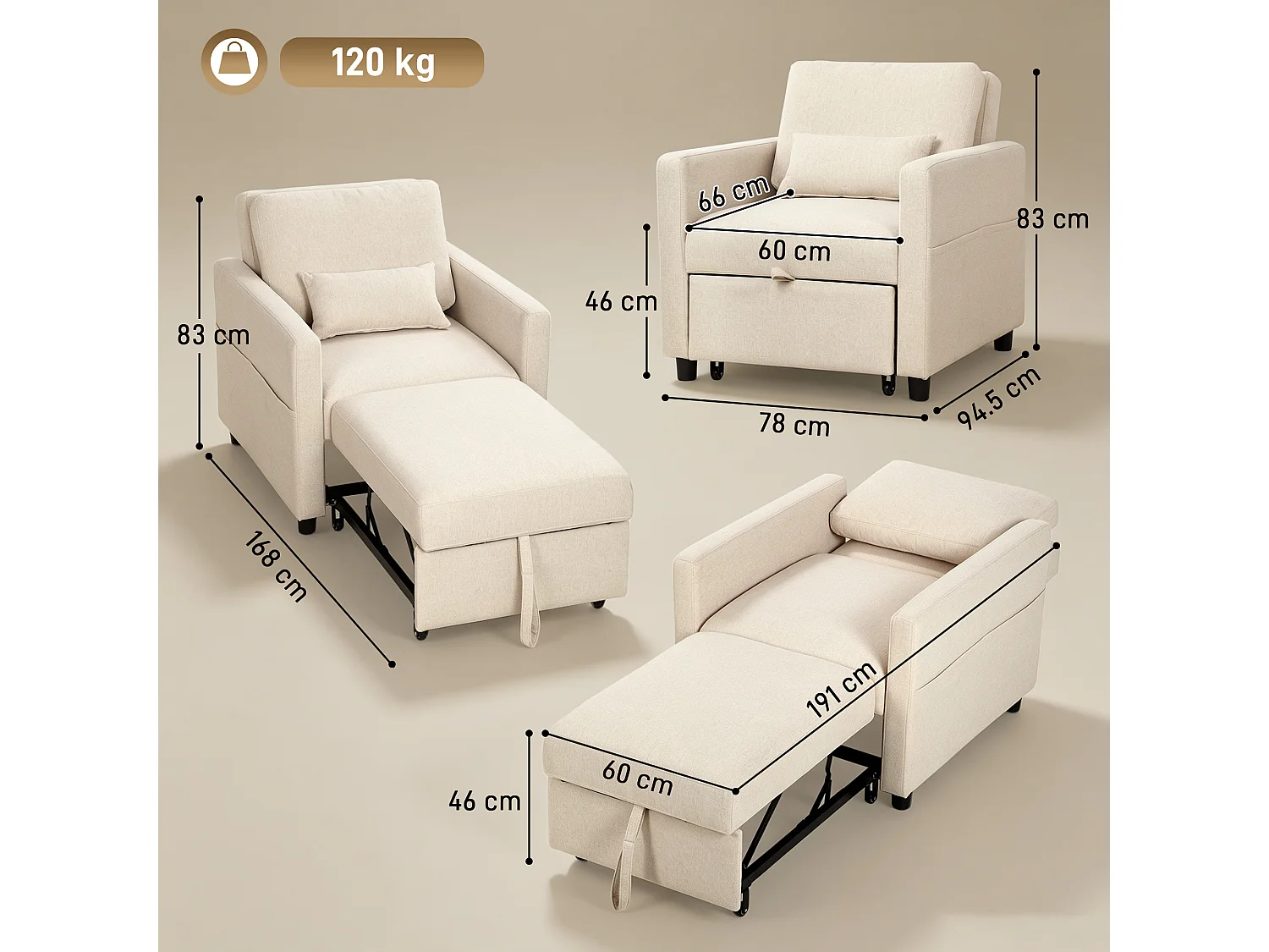 Poltrona letto singola 3 in 1 estraibile in tessuto effetto lino crema
