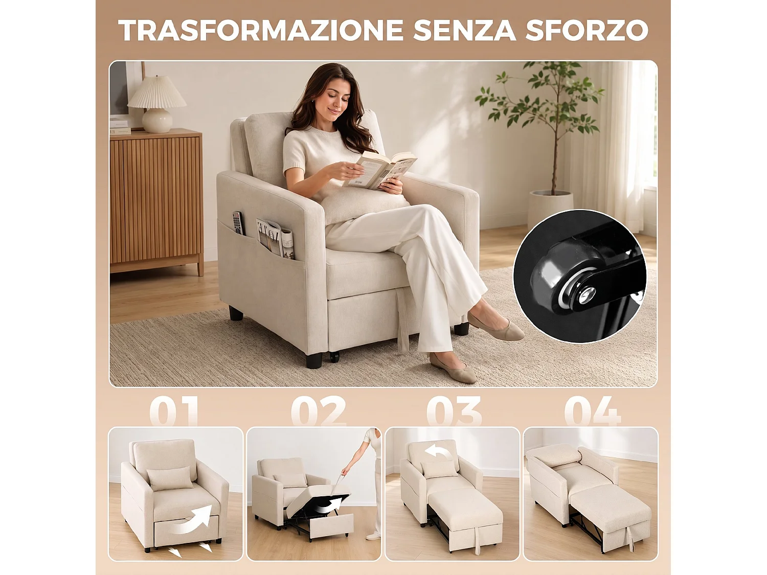 Poltrona letto singola 3 in 1 estraibile in tessuto effetto lino crema