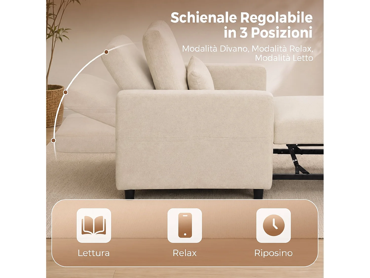 Poltrona letto singola 3 in 1 estraibile in tessuto effetto lino crema