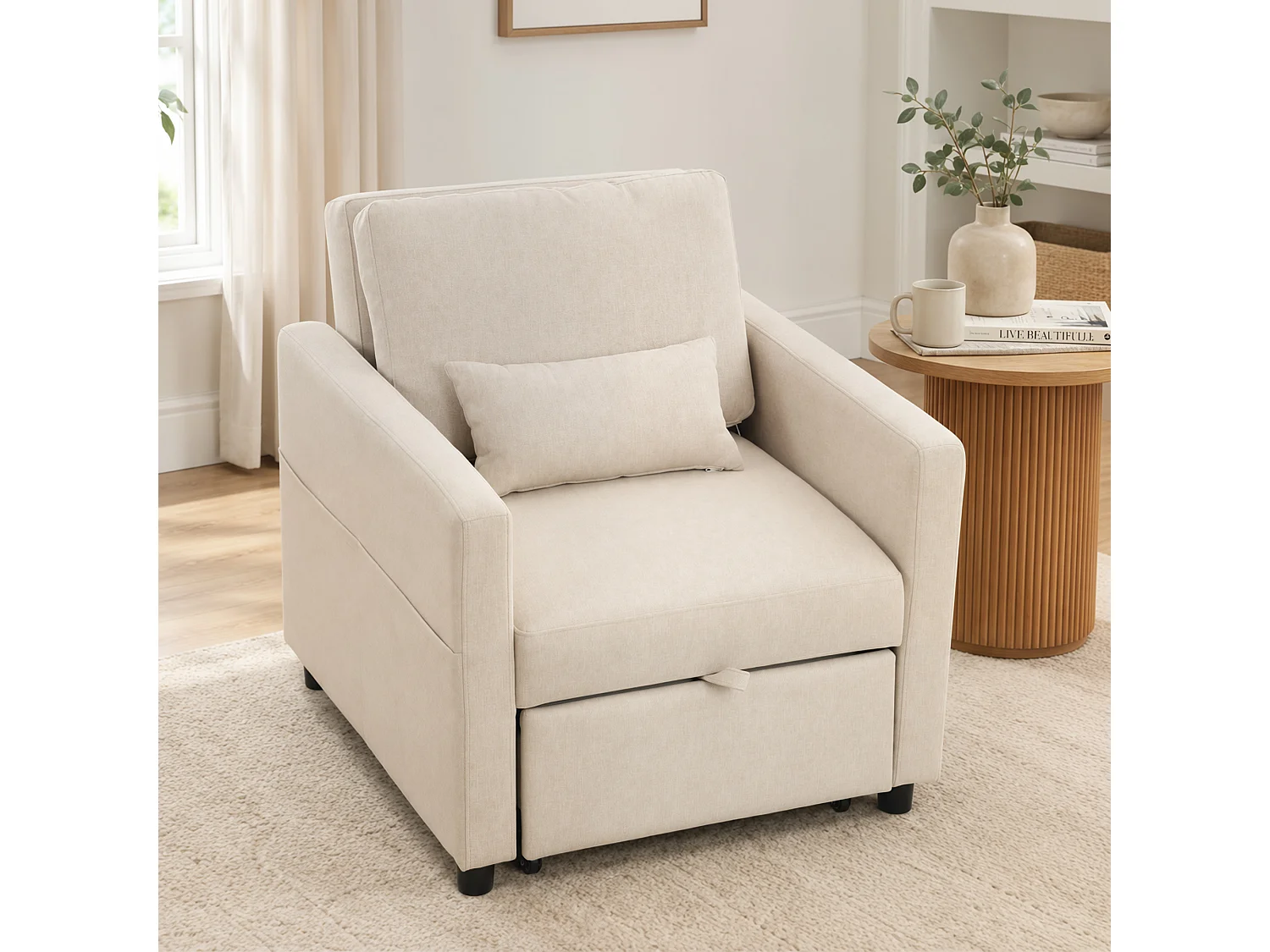Poltrona letto singola 3 in 1 estraibile in tessuto effetto lino crema