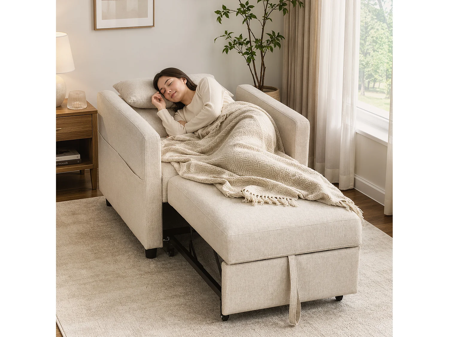 Poltrona letto singola 3 in 1 estraibile in tessuto effetto lino crema