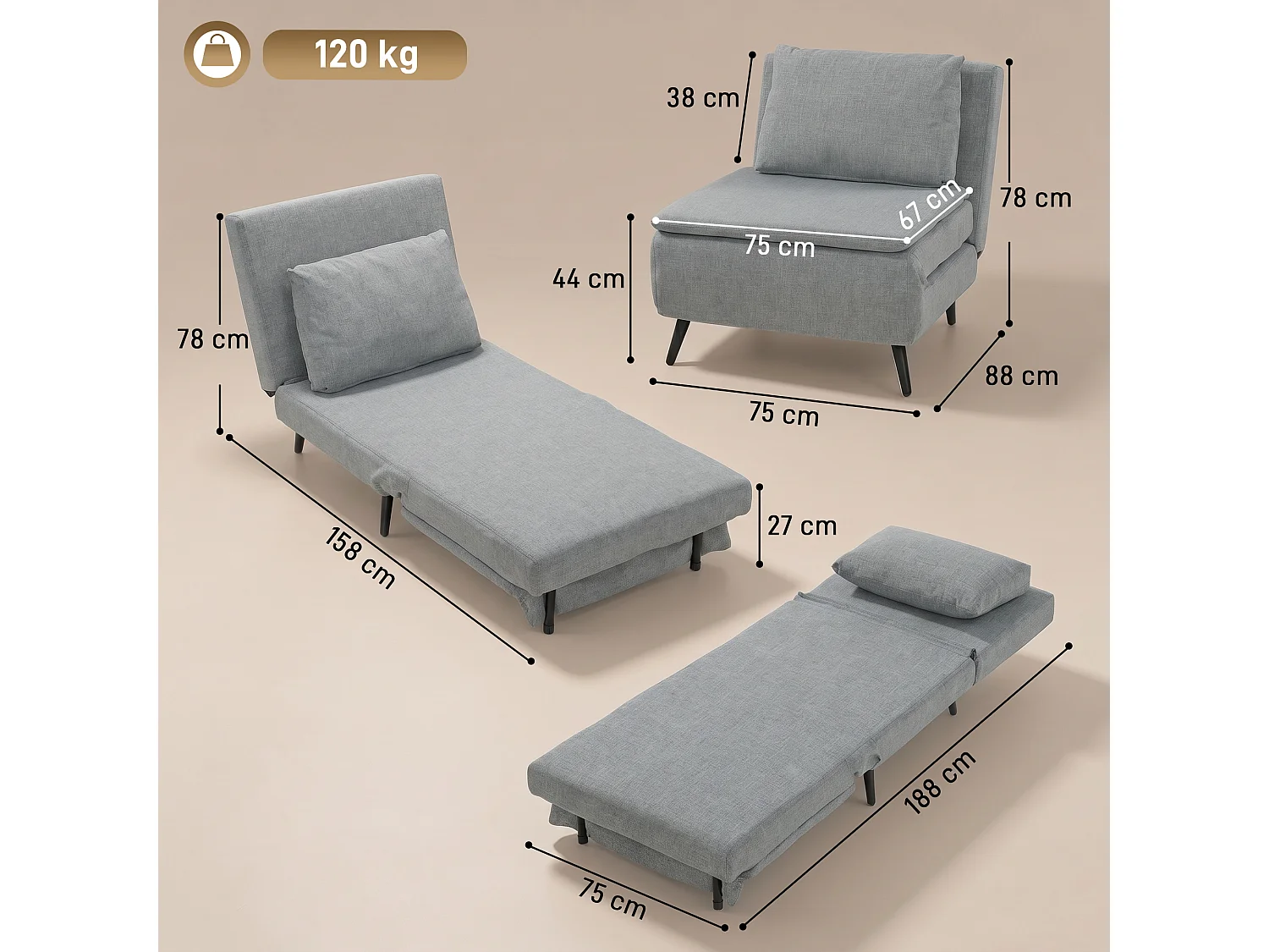 Poltrona letto singola con schienale regolabile grigio chiaro