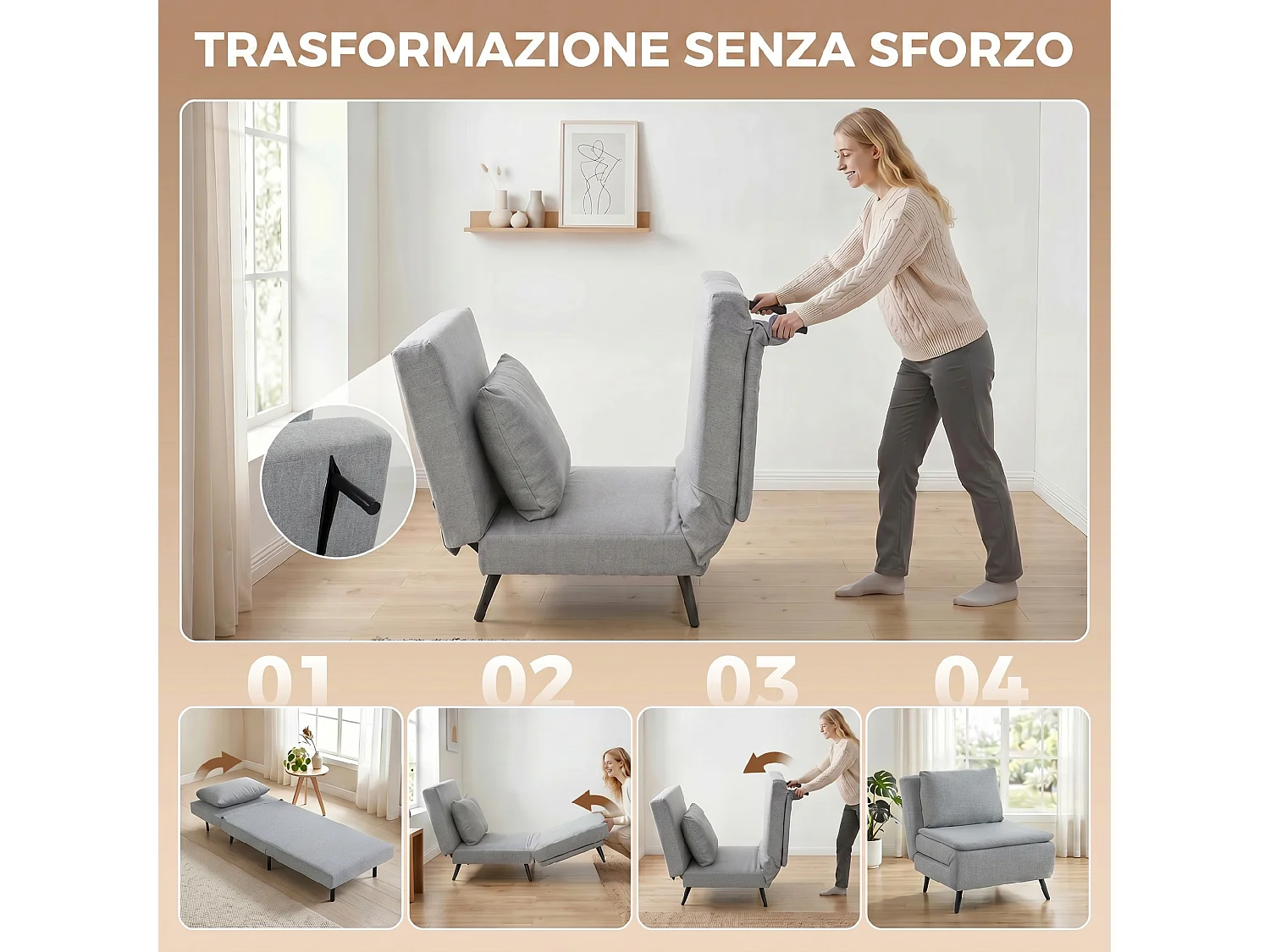Poltrona letto singola con schienale regolabile grigio chiaro